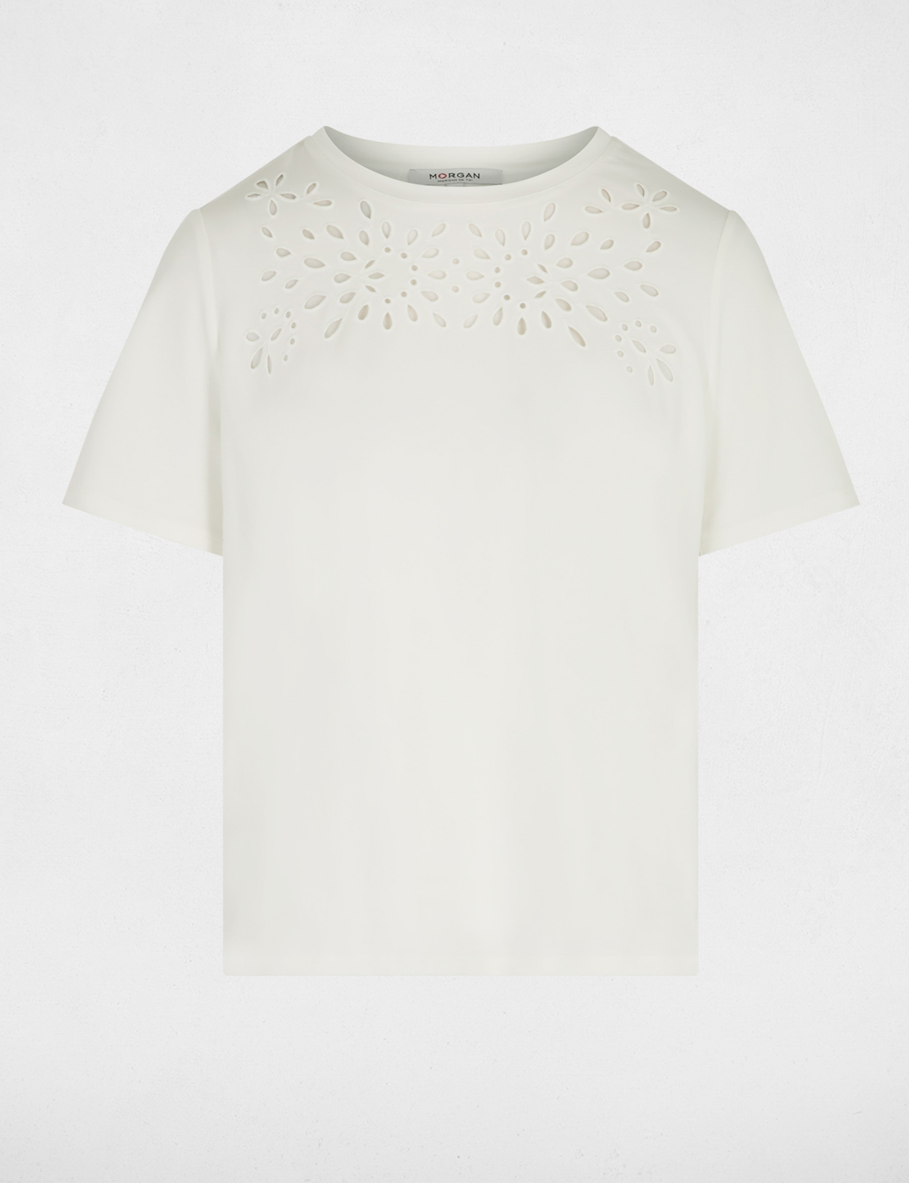 Camiseta bordada de manga corta blanco mujer