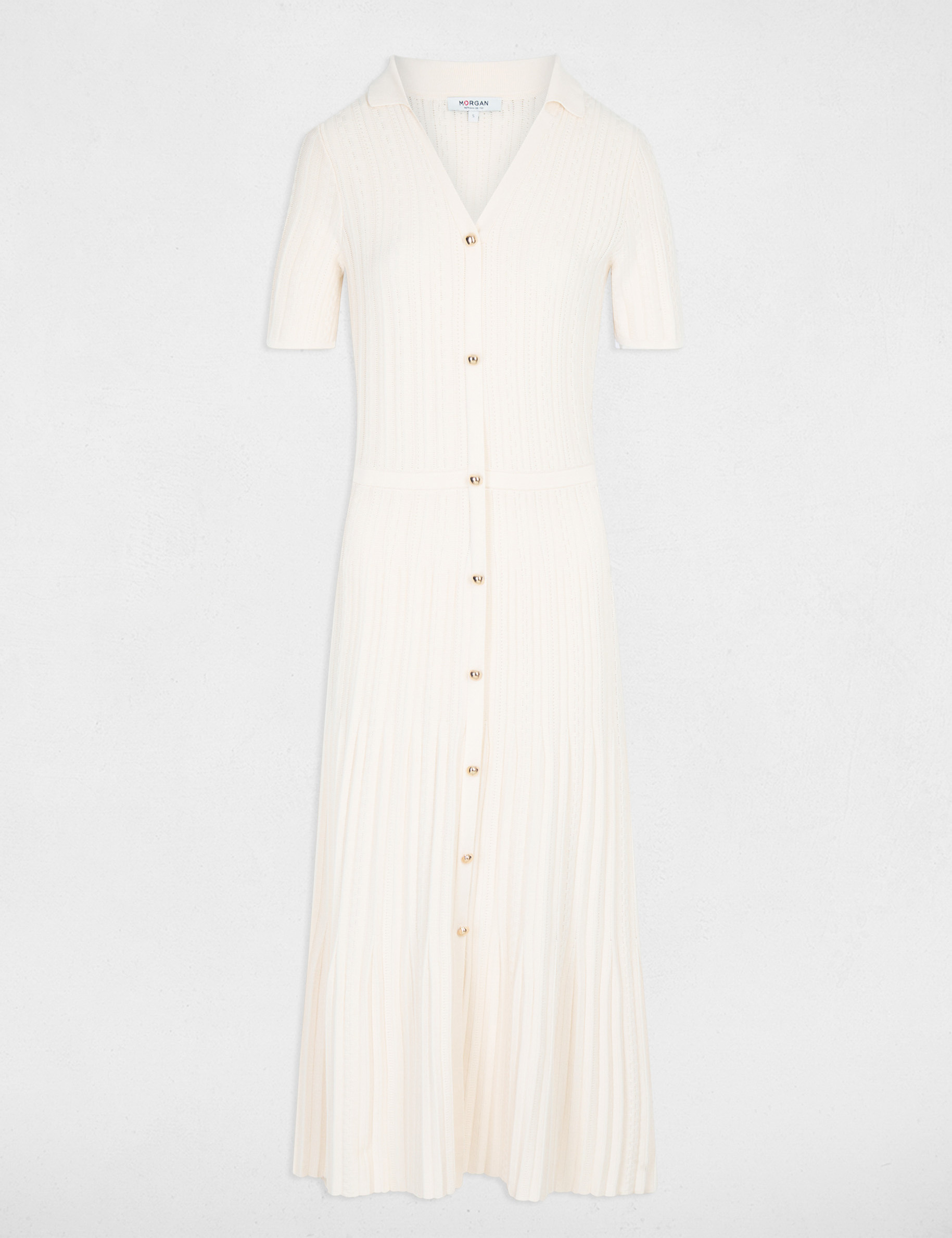 Vestido de punto con cuello vuelto marfil mujer