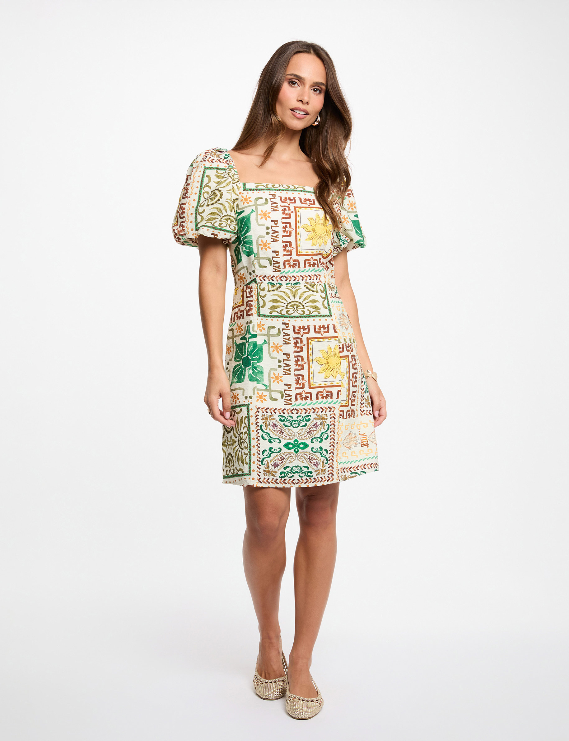 Vestido corto con mangas abullonadas multicolor mujer
