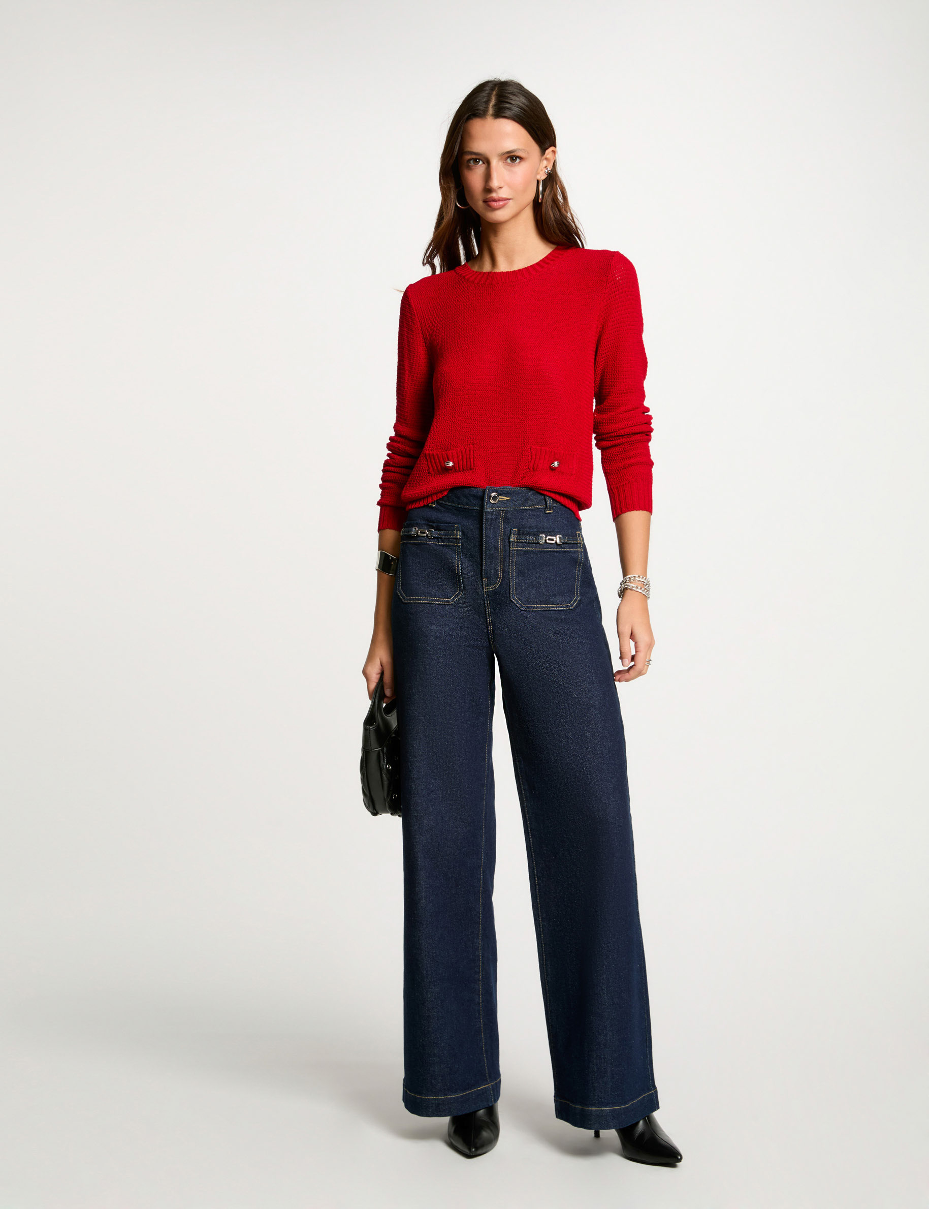 jersey calado cuello redondo rojo mujer Jersey calado cuello redondo rojo mujer