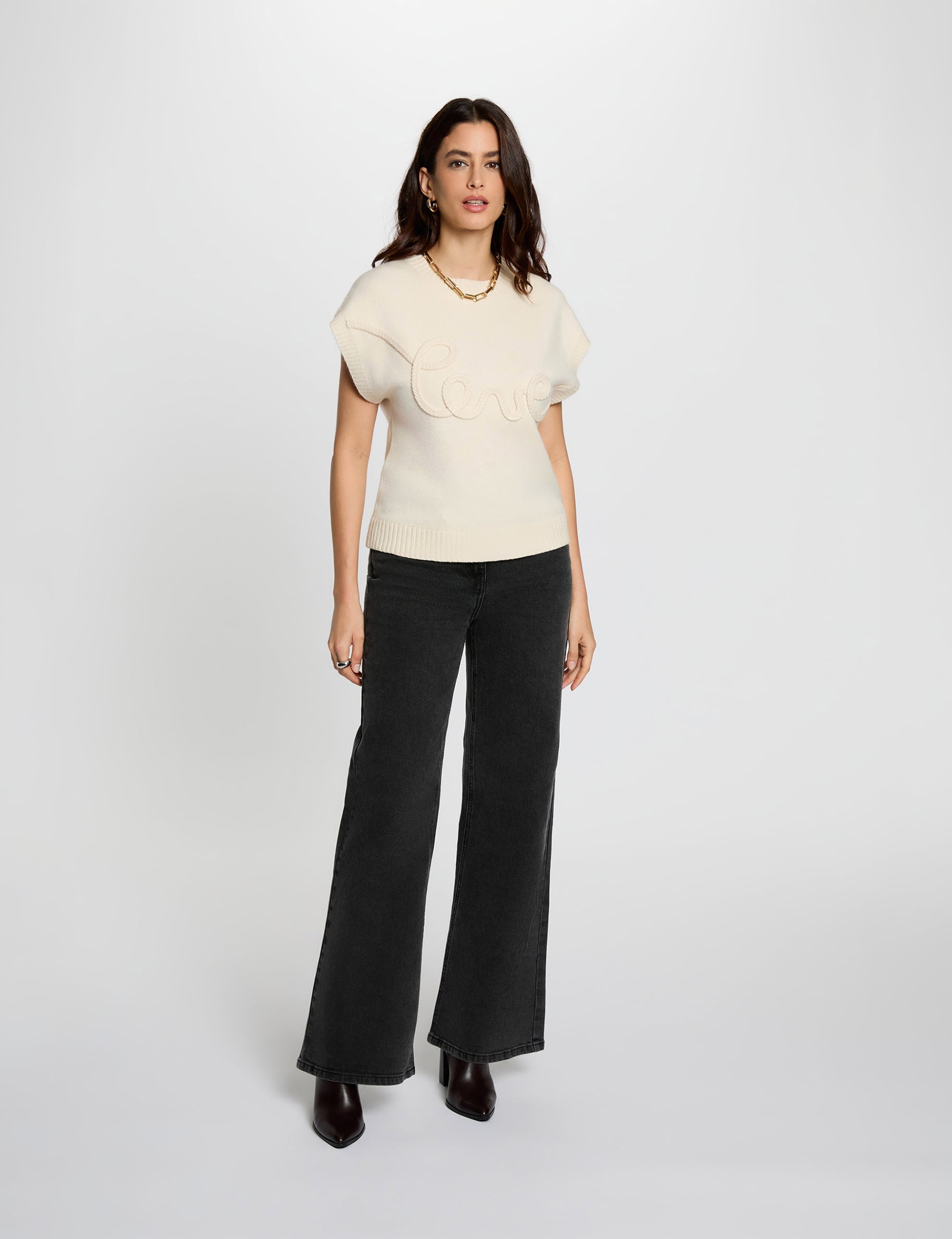 Jersey bordado con cuello redondo creme mujer