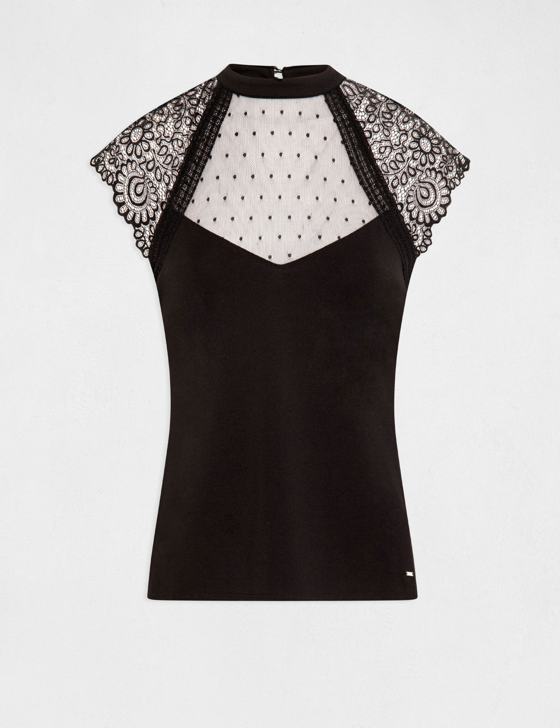 Camiseta manga corta con encaje negro mujer