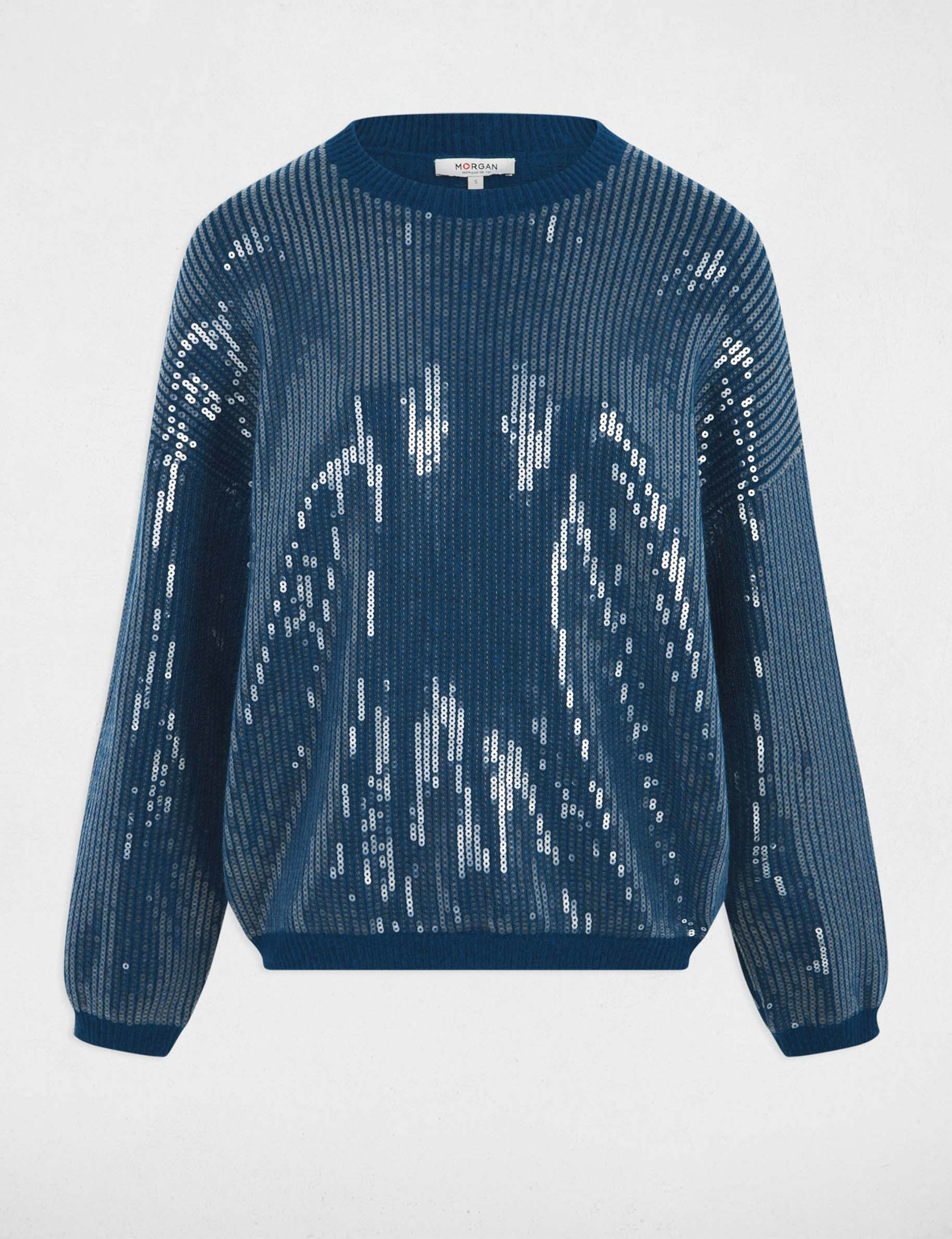 Jersey de lentejuelas cuello redondo azul petr&oacute;leo mujer