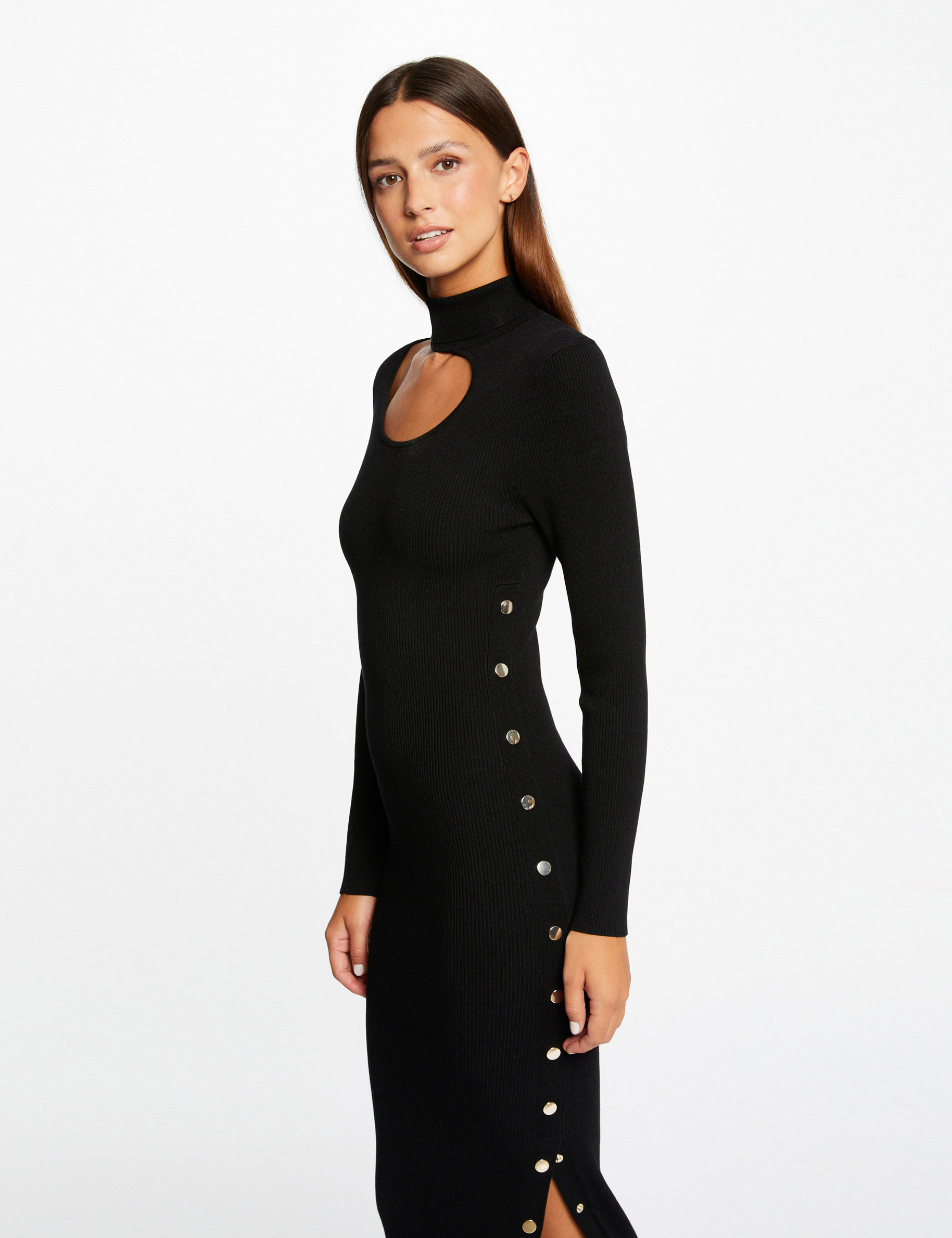 vestido de punto midi ajustado abertura negro mujer Vestido de punto midi ajustado abertura negro mujer