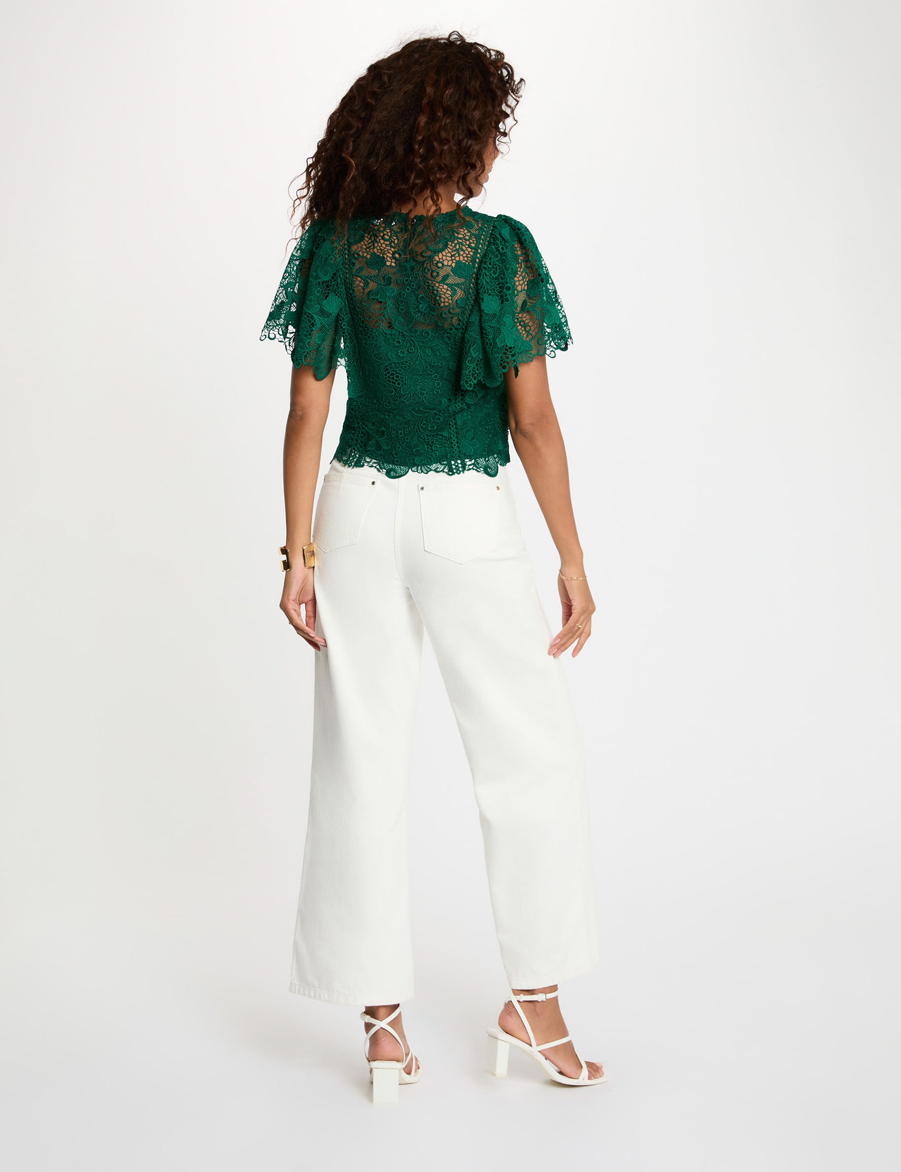 Top de encaje con cuello redondo verde mujer