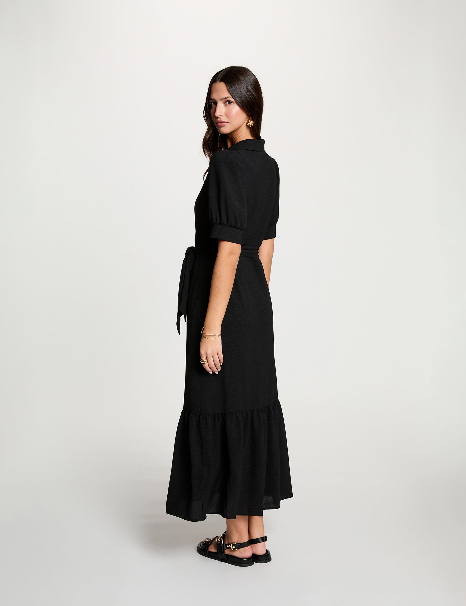 Vestido de punto con mangas abullonadas negro mujer