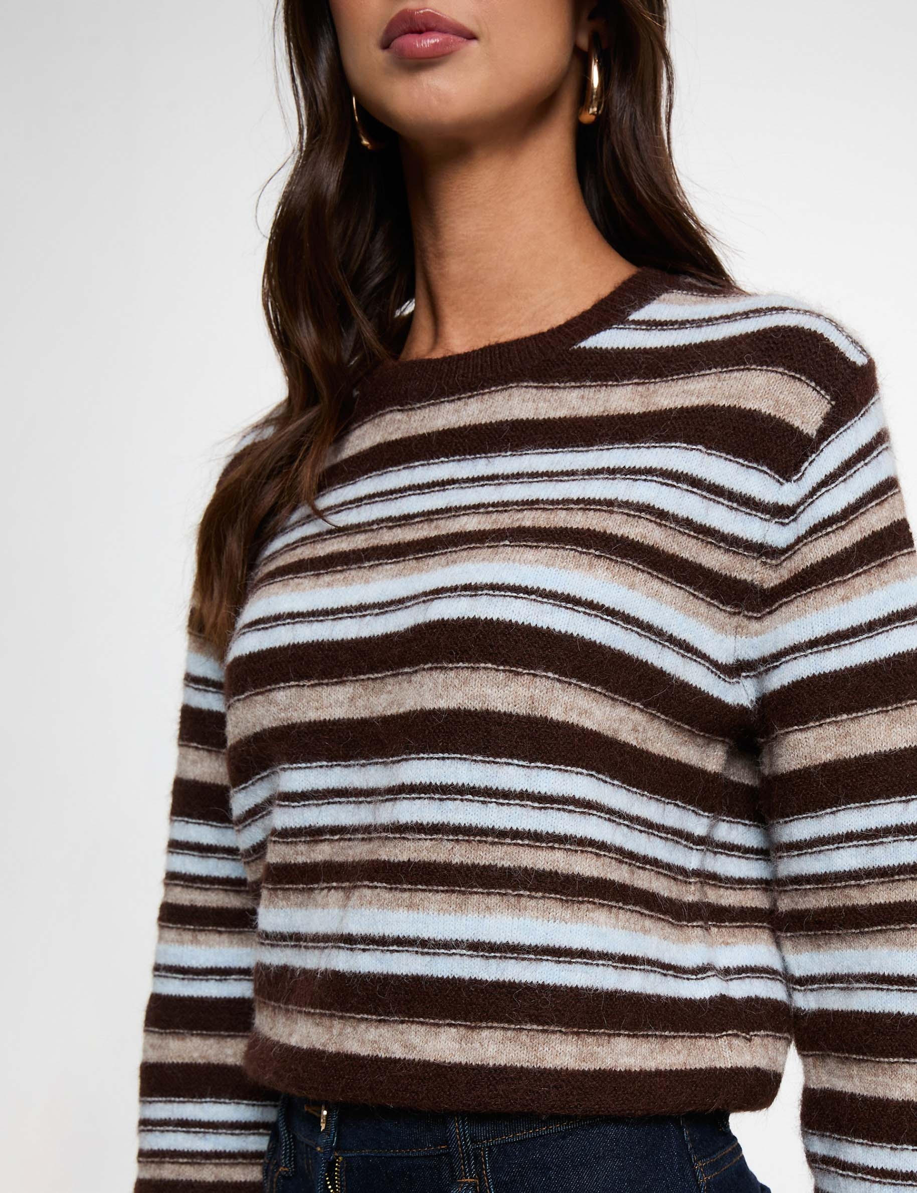 Jersey de rayas con cuello redondo beige mujer
