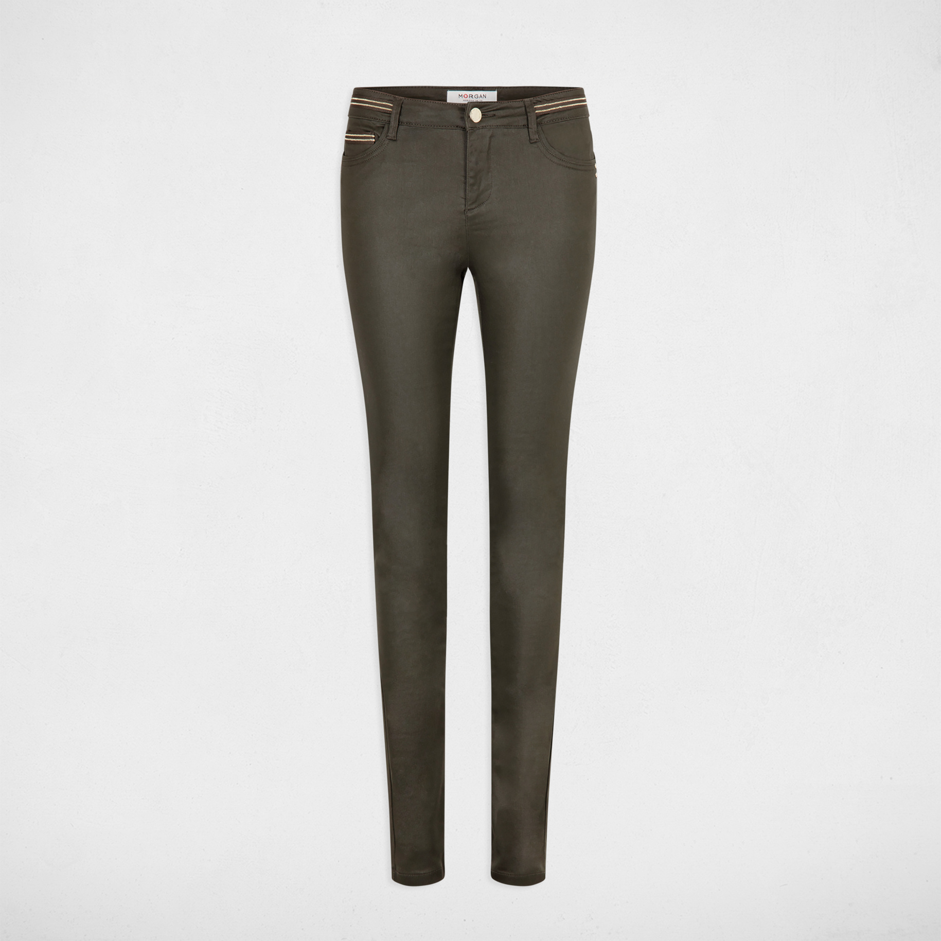 Pantal&oacute;n slim efecto mojado verde oscuro mujer