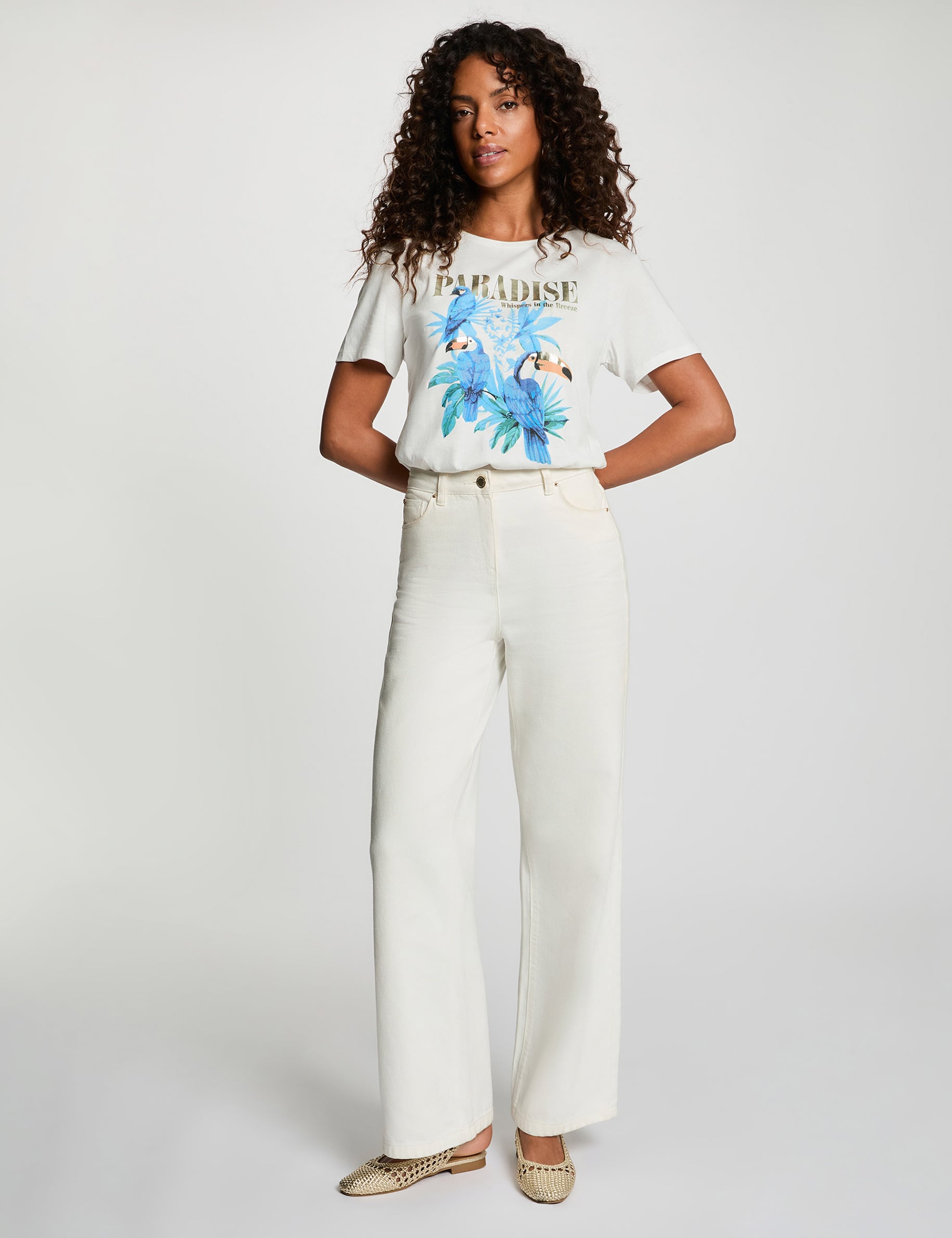 Camiseta estampada cuello redondo blanco mujer