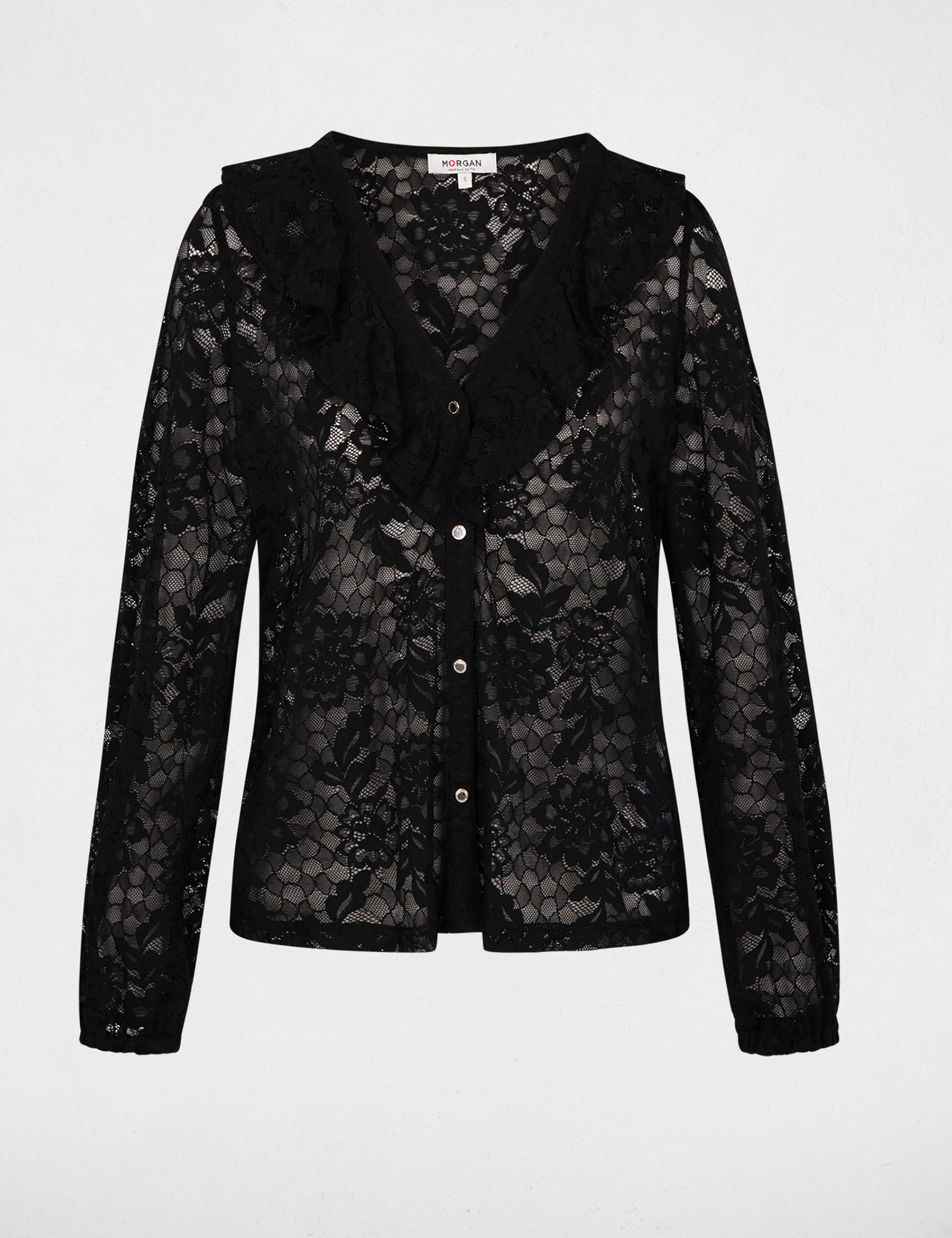 Blusa de encaje con cuello en v negro mujer
