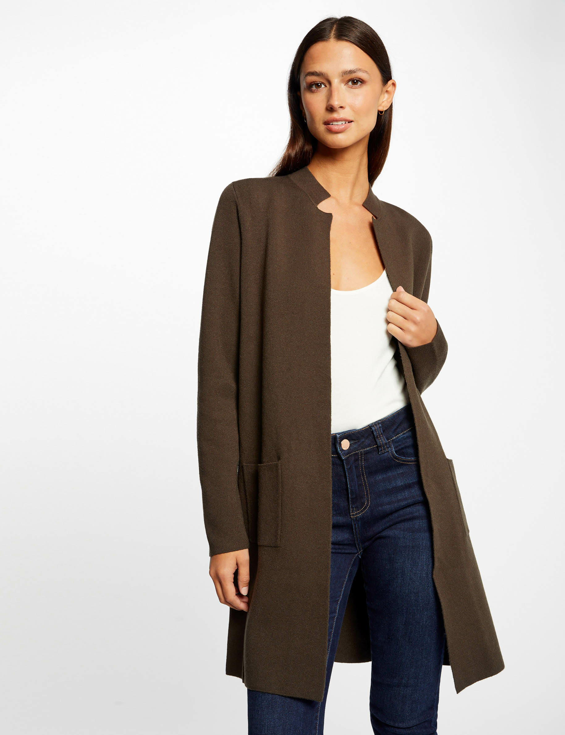 cardigan largo recto con cuello abierto verde oscuro mujer Cárdigan largo recto con cuello abierto verde oscuro mujer