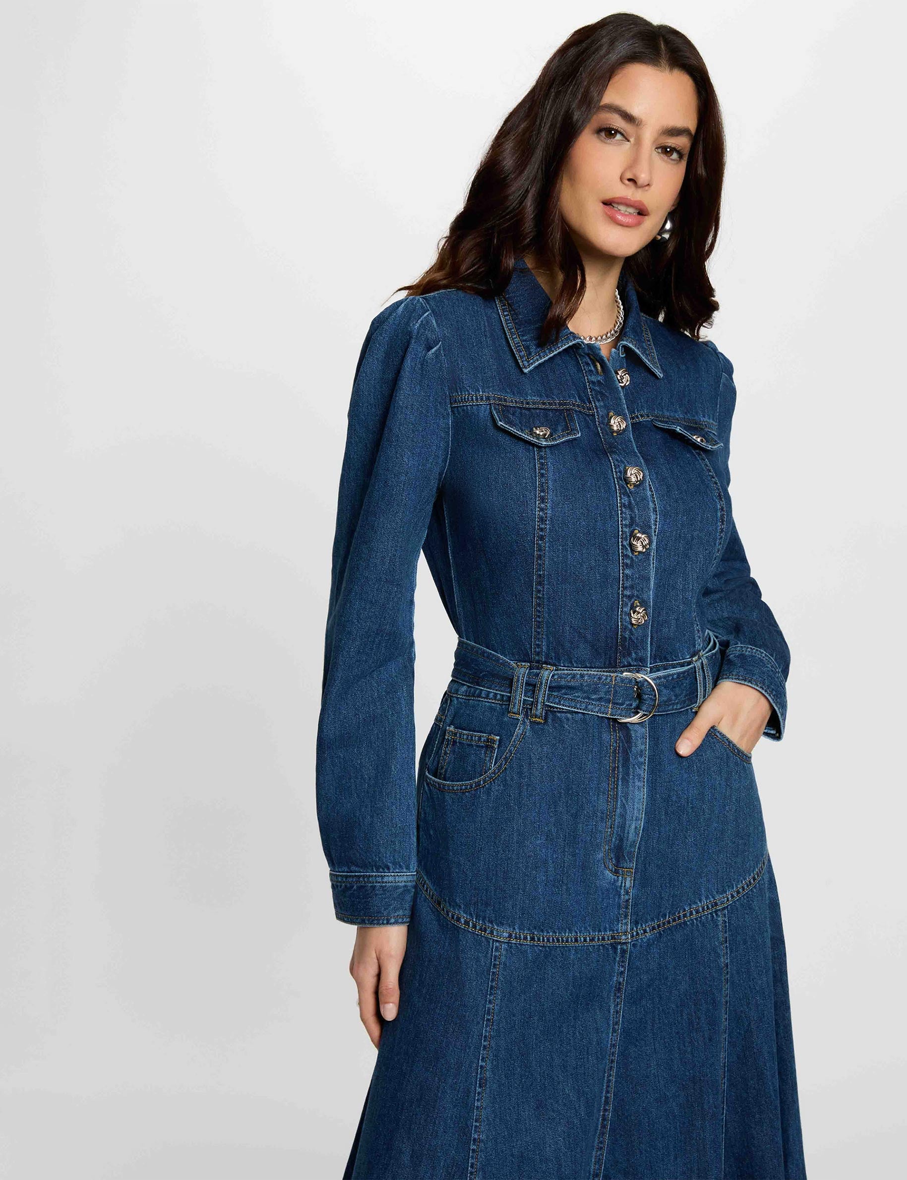 Vestido largo ajustado denim crudo mujer