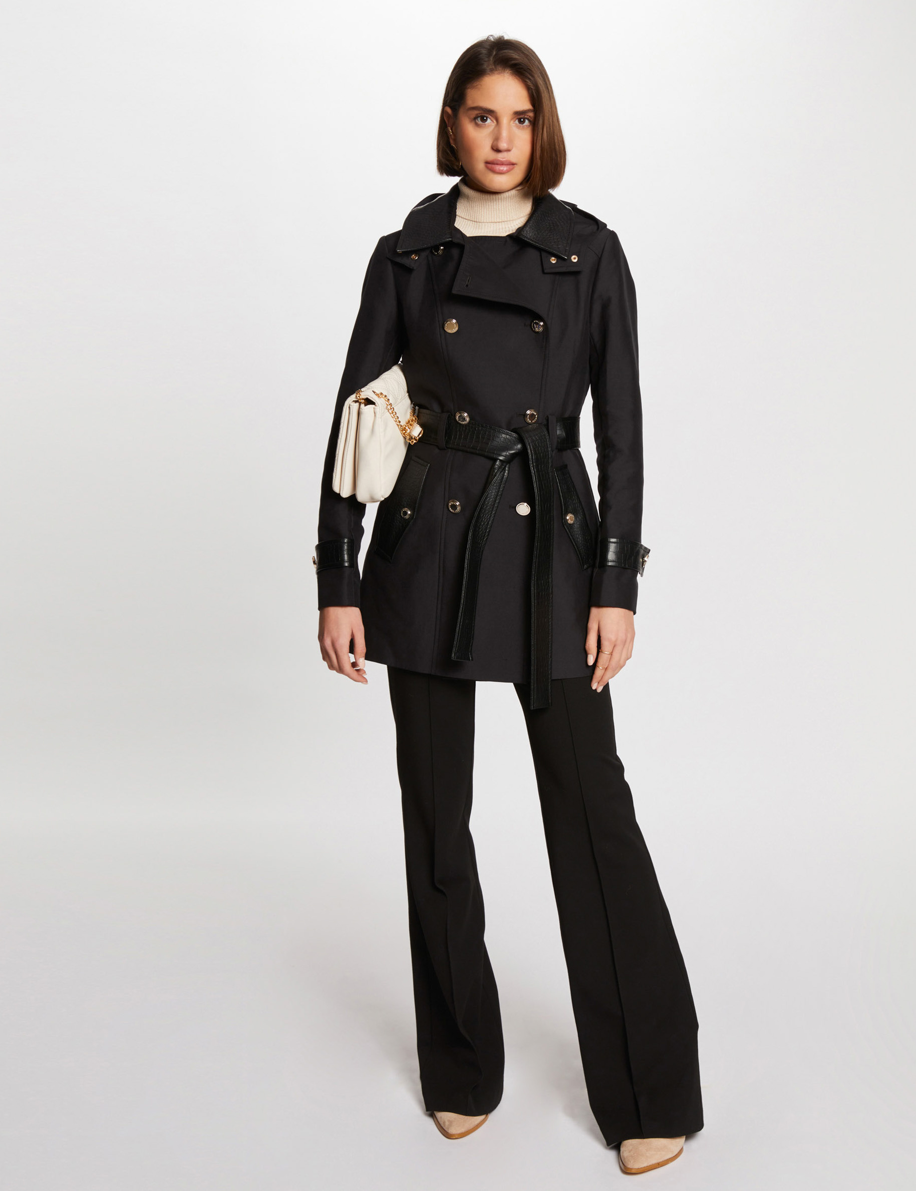 gabardina con cuero sintetico negro mujer Gabardina con cuero sintético negro mujer