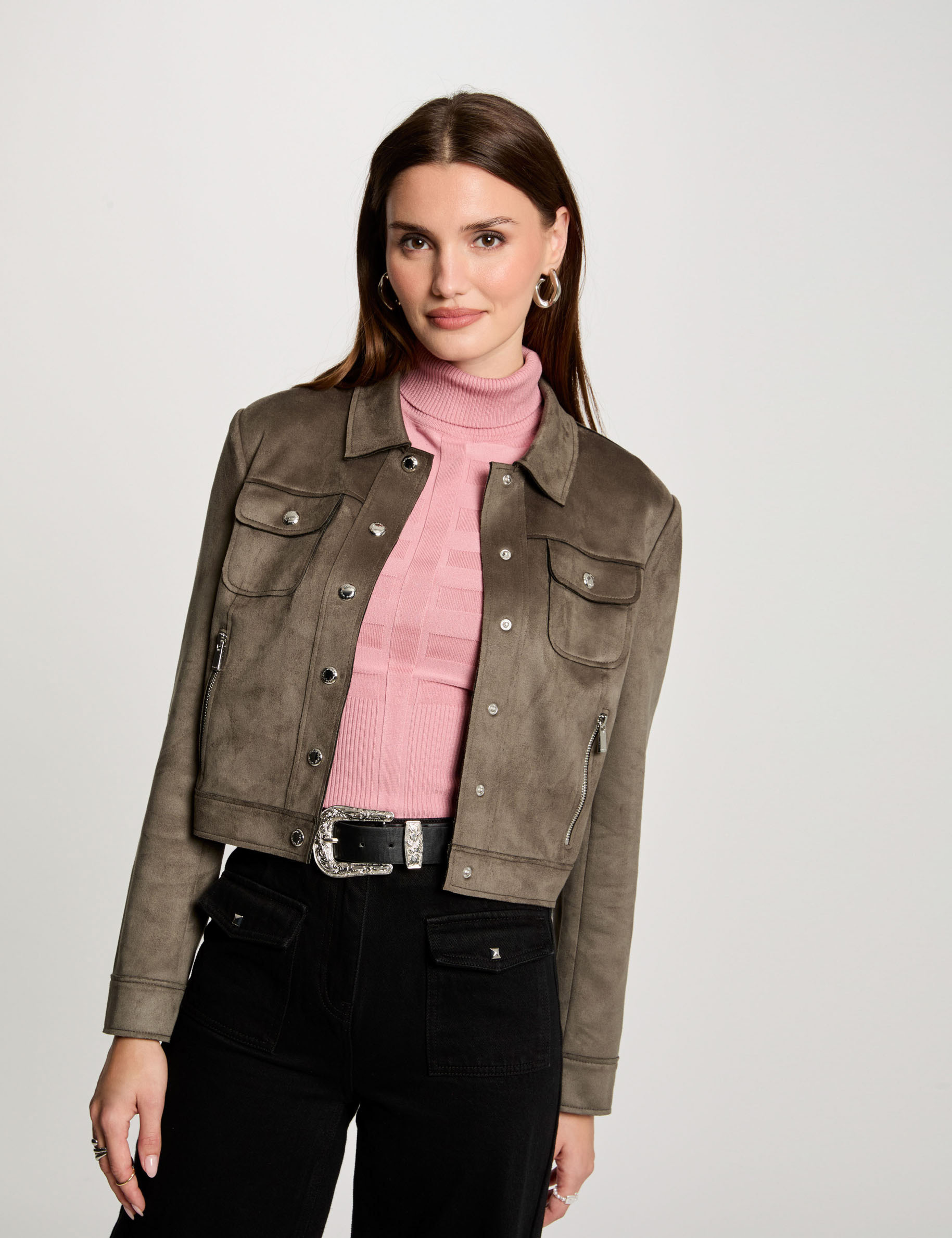 Chaqueta de antelina con botones verde caqui mujer