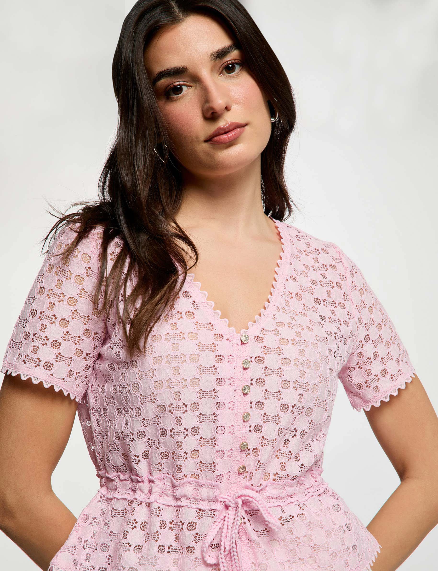 Camiseta manga corta de encaje rosa mujer