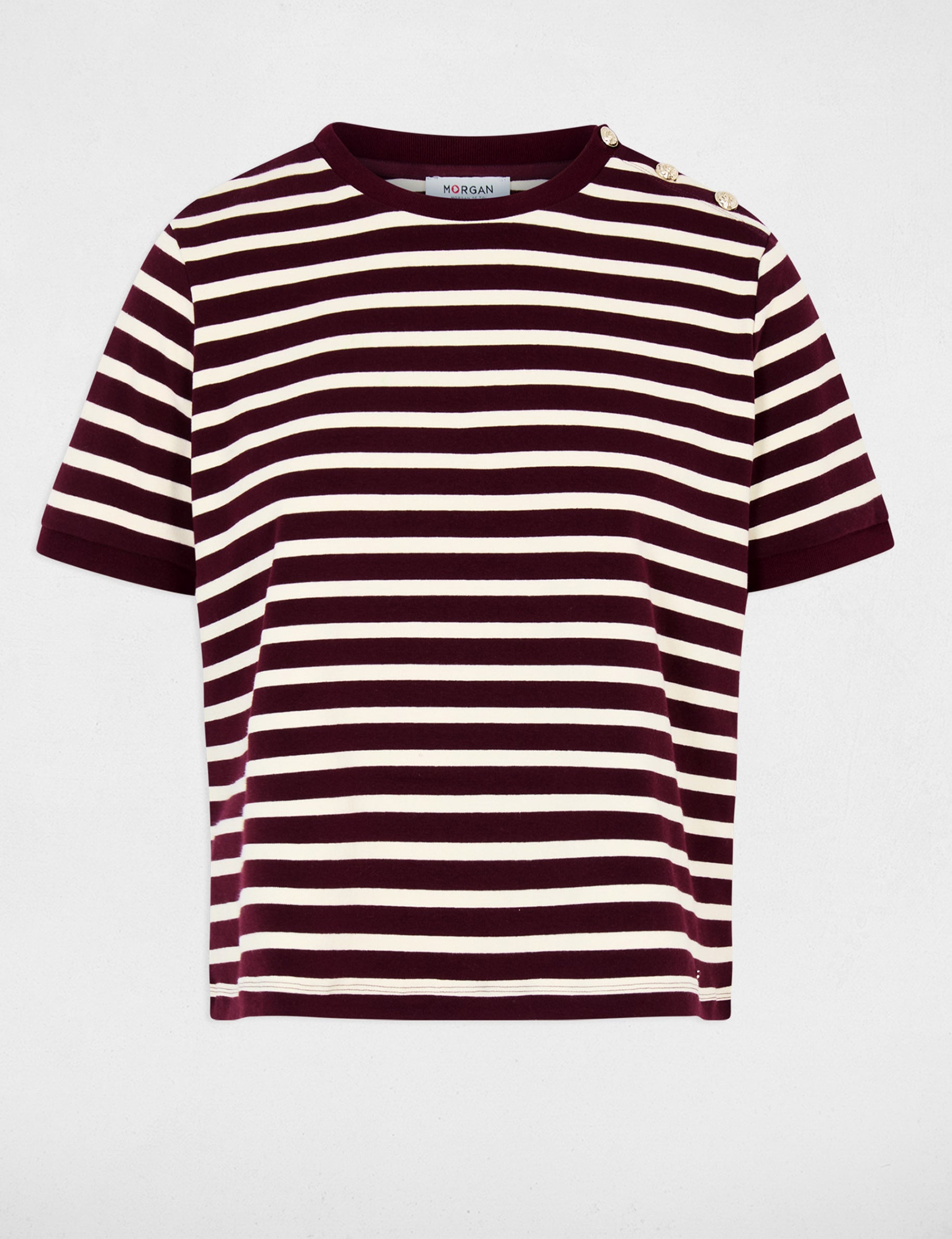 Camiseta de rayas con cuello redondo ciruela mujer