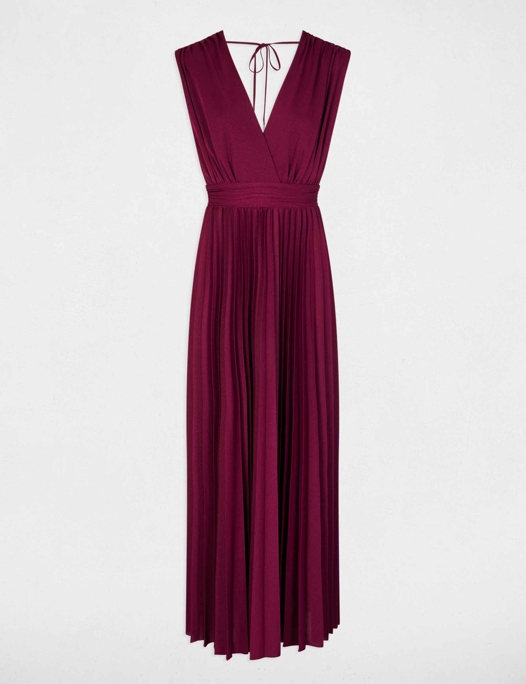 Vestido largo recto plisado ciruela mujer
