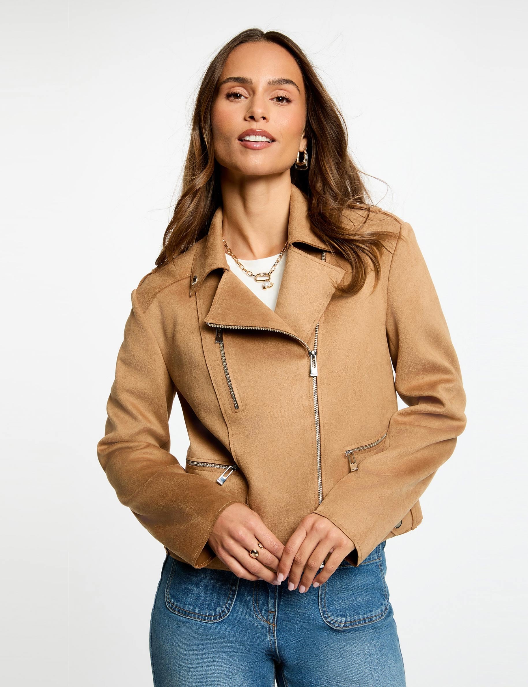 Chaqueta corta de ante marr&oacute;n co&ntilde;ac mujer
