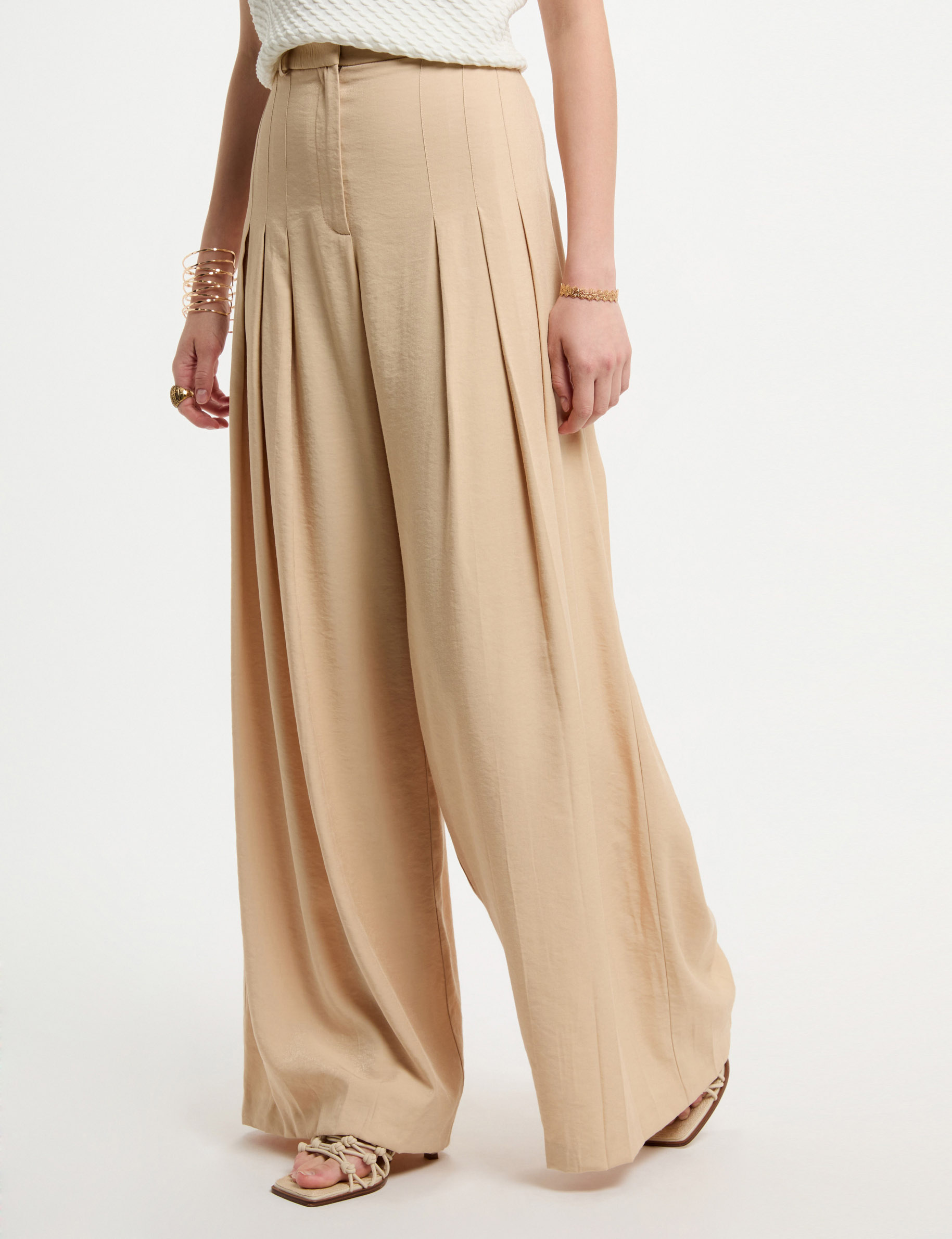Pantalón pernera ancha pinzas creme mujer
