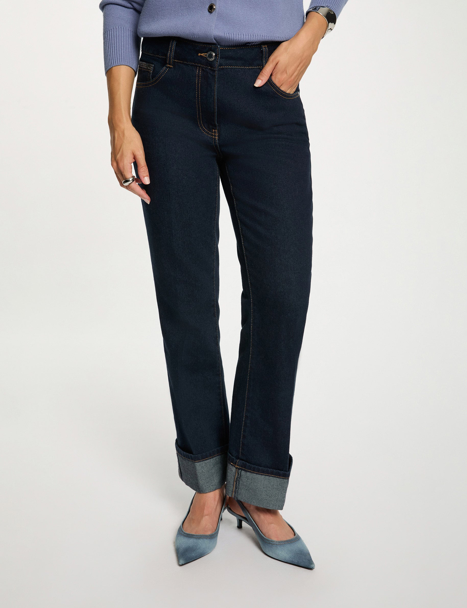 Vaqueros rectos con strass denim crudo mujer