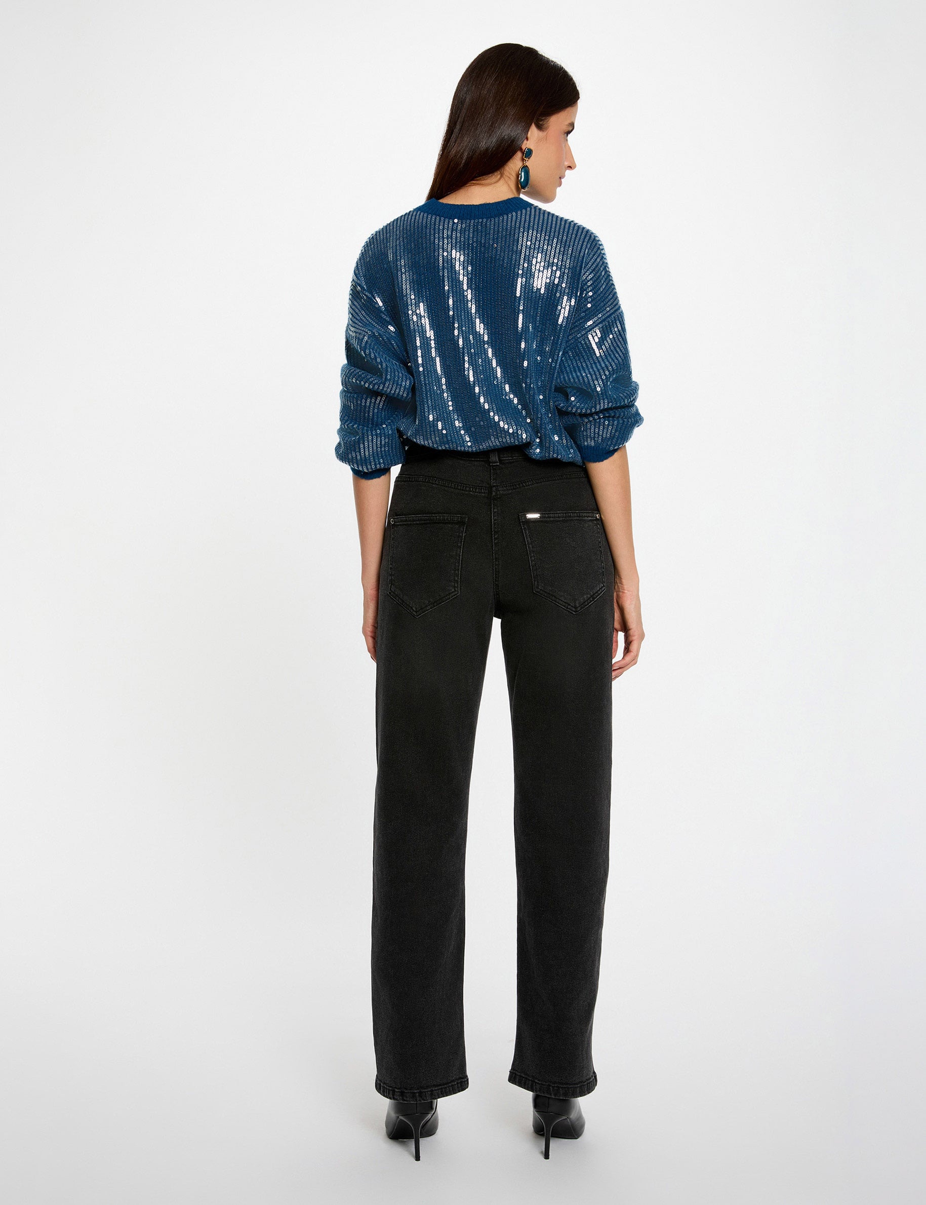 Jersey de lentejuelas cuello redondo azul petr&oacute;leo mujer