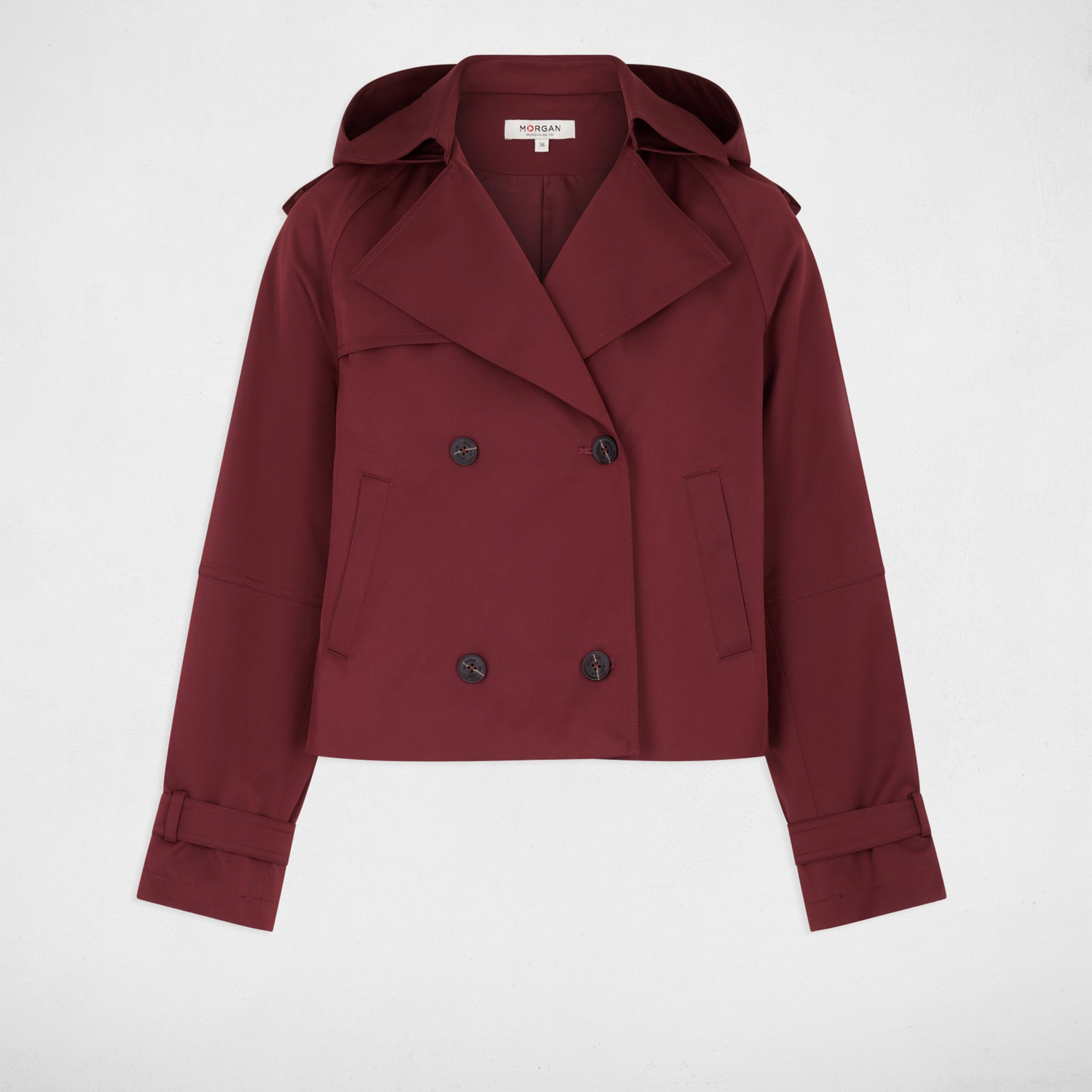 Trench corto con capucha burdeos mujer