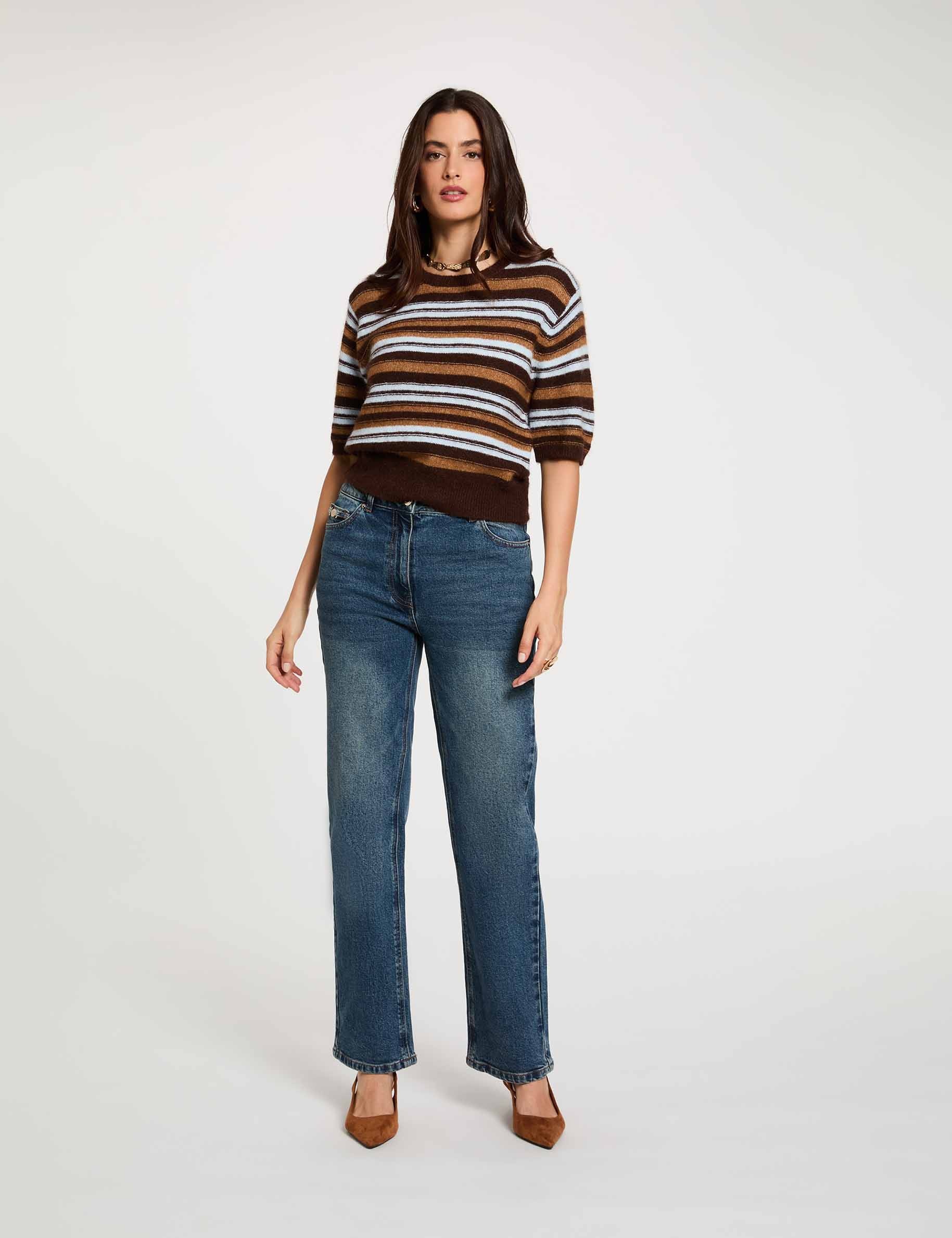 Jersey de rayas con mangas cortas marr&oacute;n mujer