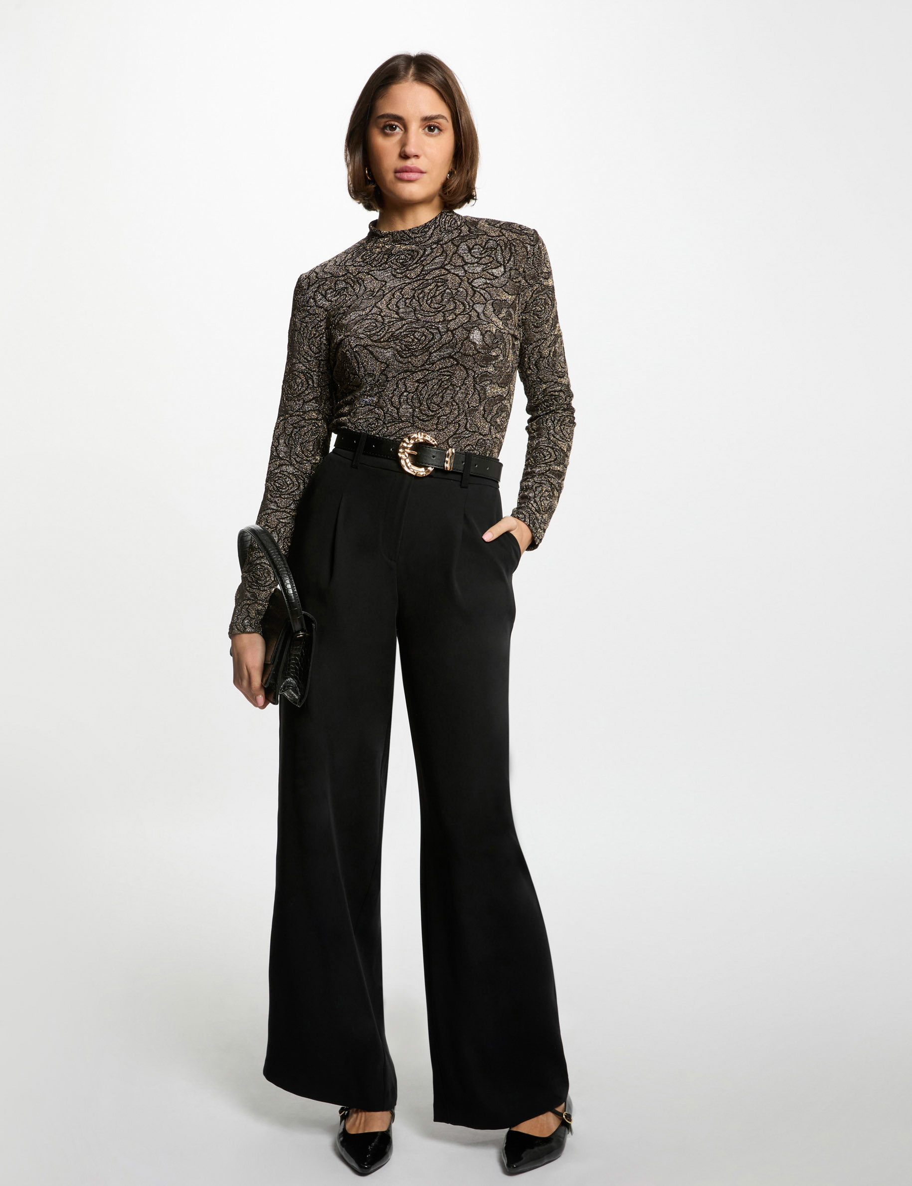 pantalon flare holgado negro mujer Pantalón flare holgado negro mujer