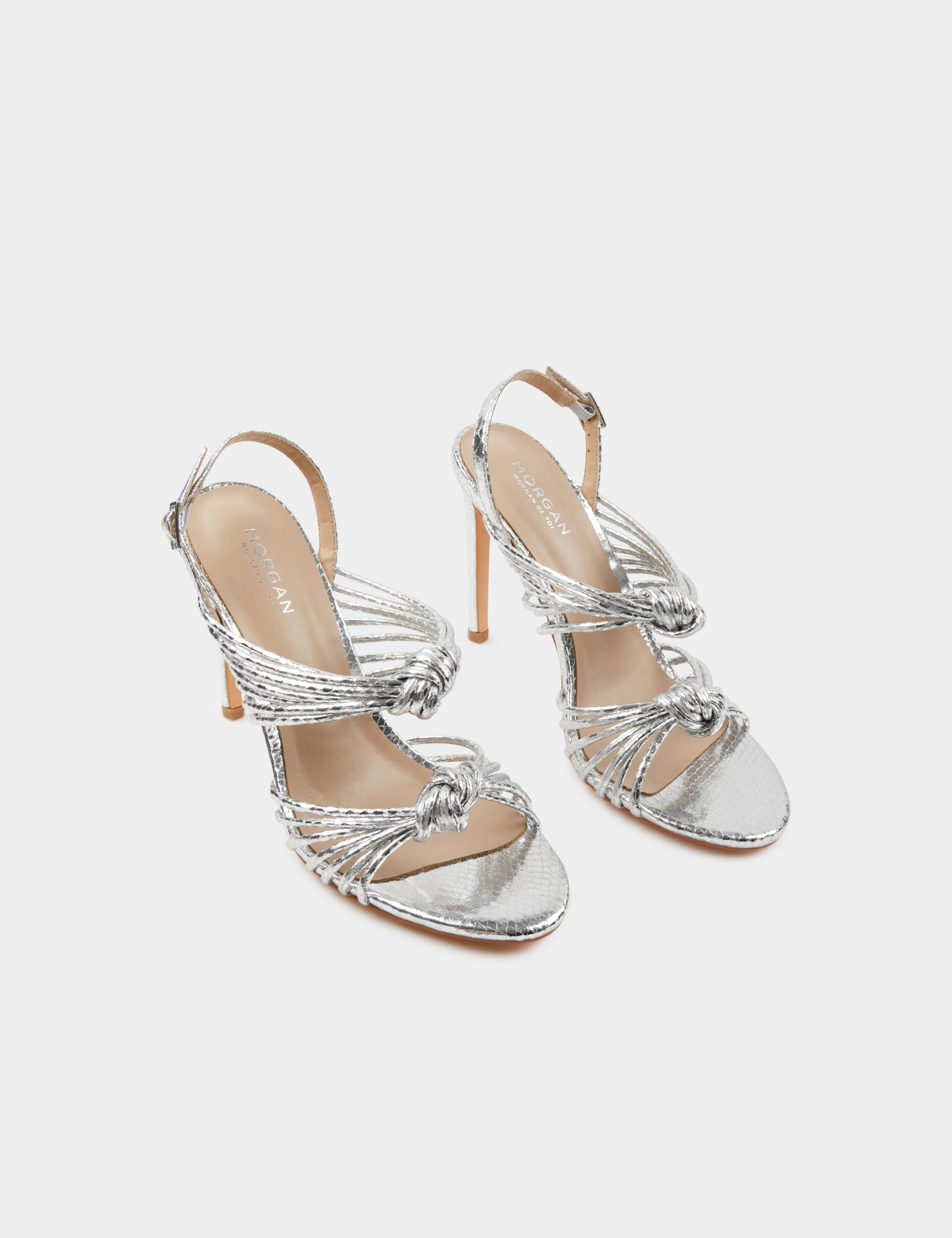 sandalias de tacon con pulseras anudadas plateado mujer Sandalias de tacón con pulseras anudadas plateado mujer