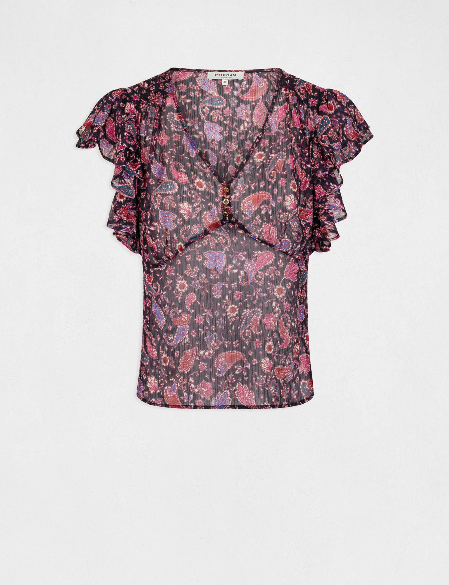 blusa manga corta estampado cachemira marino mujer Blusa manga corta estampado cachemira marino mujer