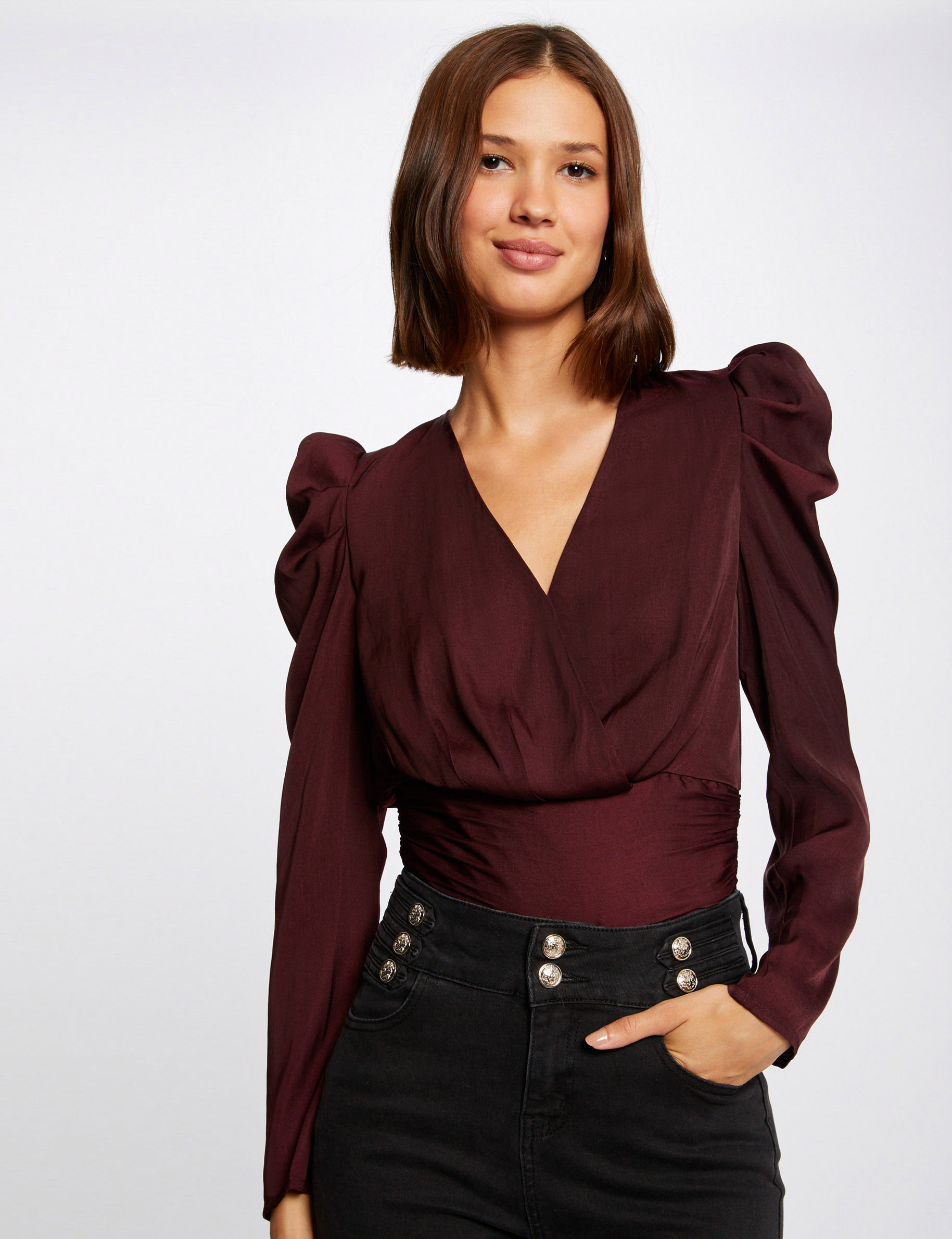 Blusa manga larga con escote cruzado ciruela mujer Blusa manga larga con escote cruzado ciruela mujer