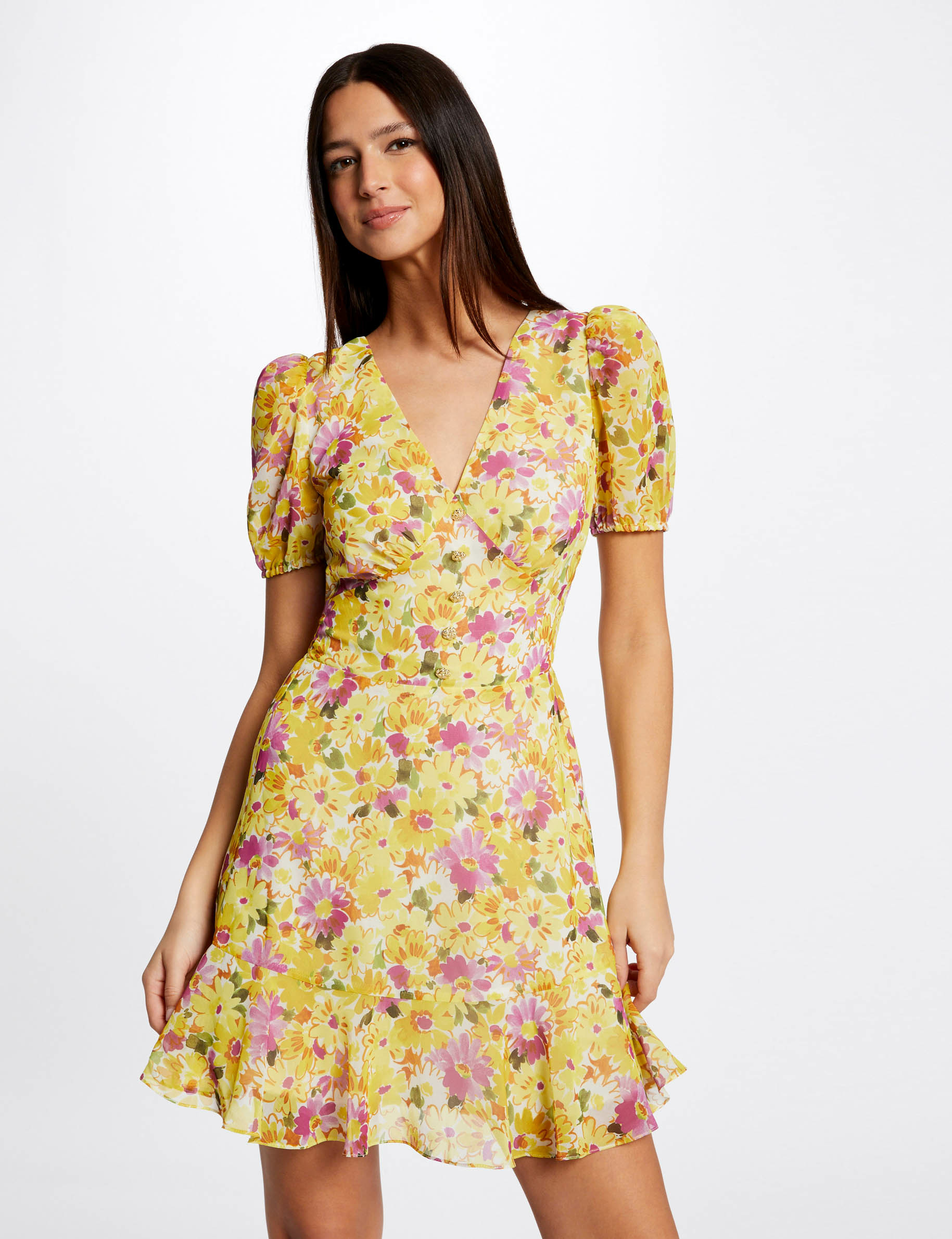 Vestido evasé volantes estampado floral multicolor mujer Vestido evasé volantes estampado floral multicolor mujer