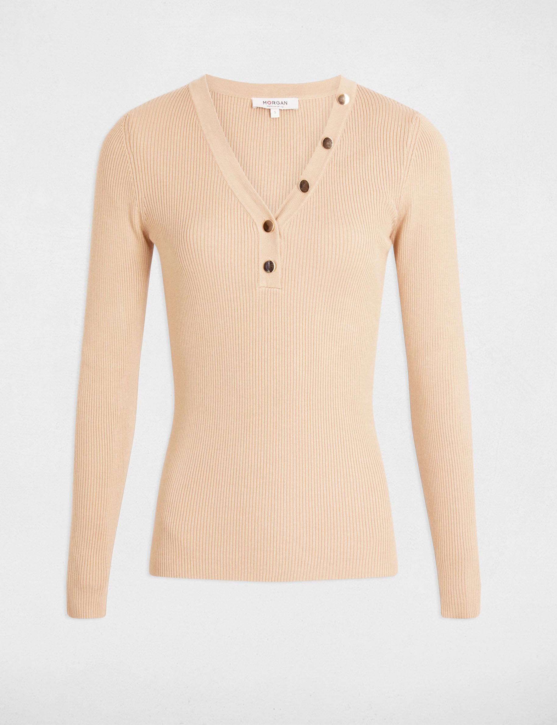 Jersey ajustado con cuello en V marron clair mujer