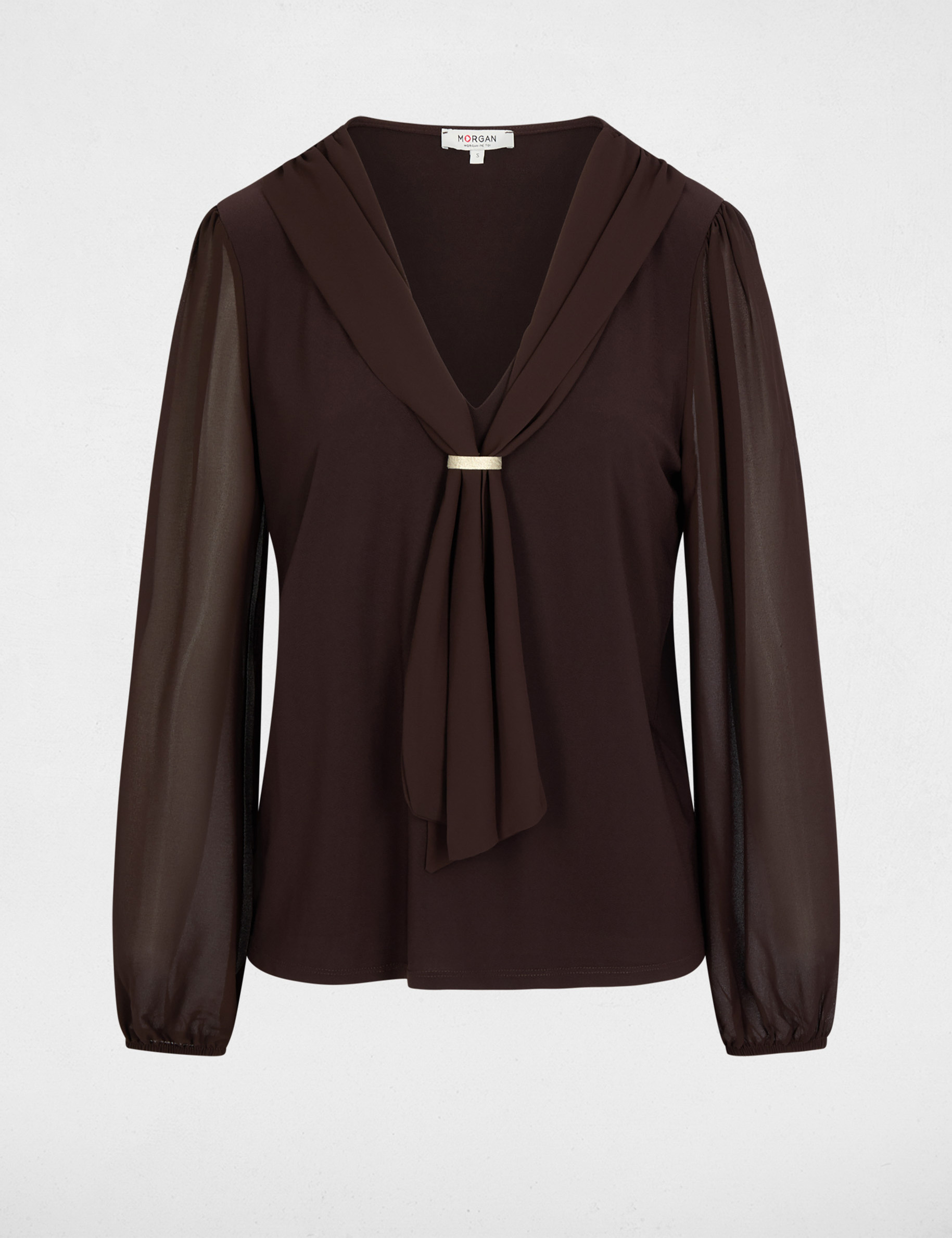 Camiseta de voile con cuello lazada marr&oacute;n oscuro mujer