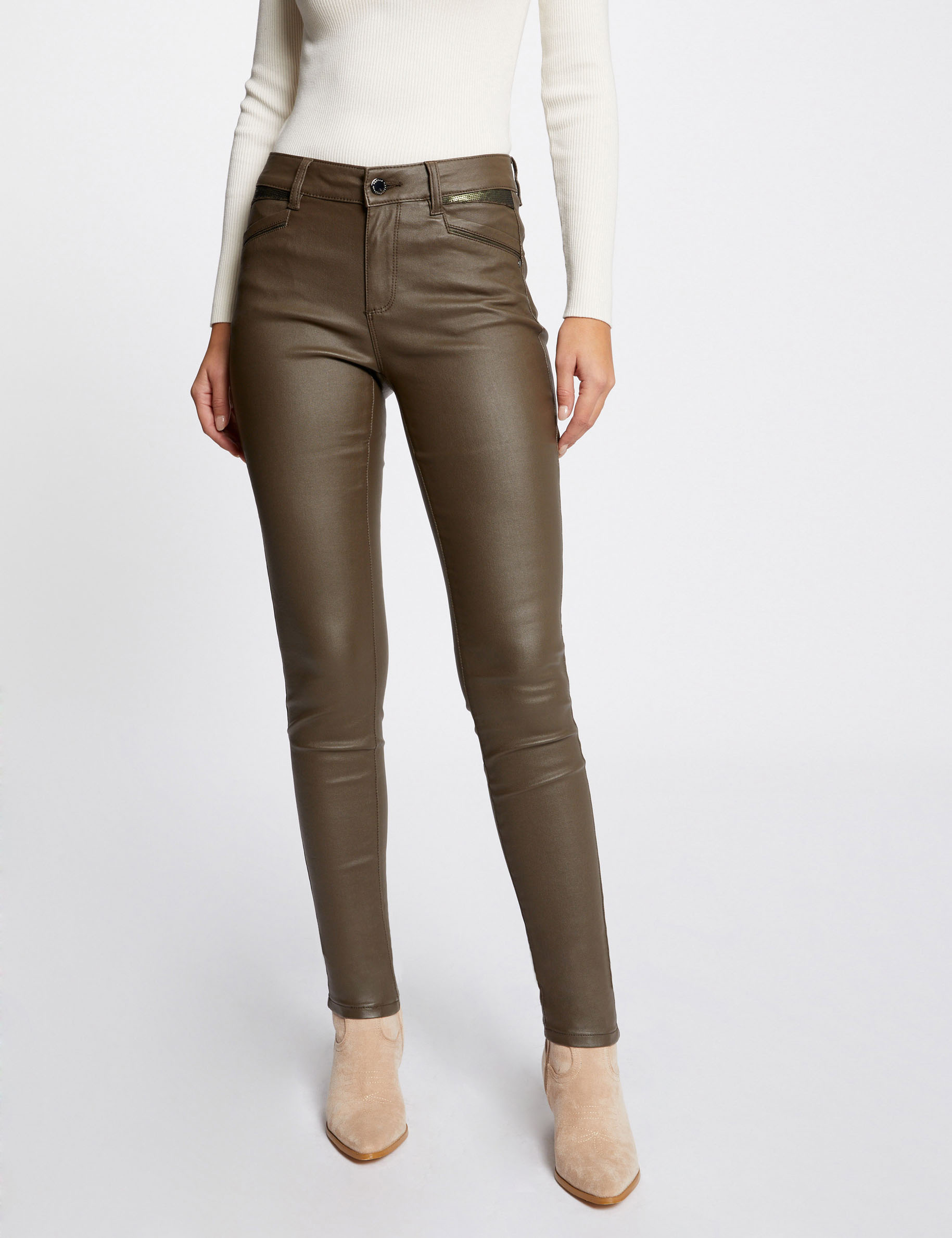 Pantalón skinny efecto mojado verde caqui mujer