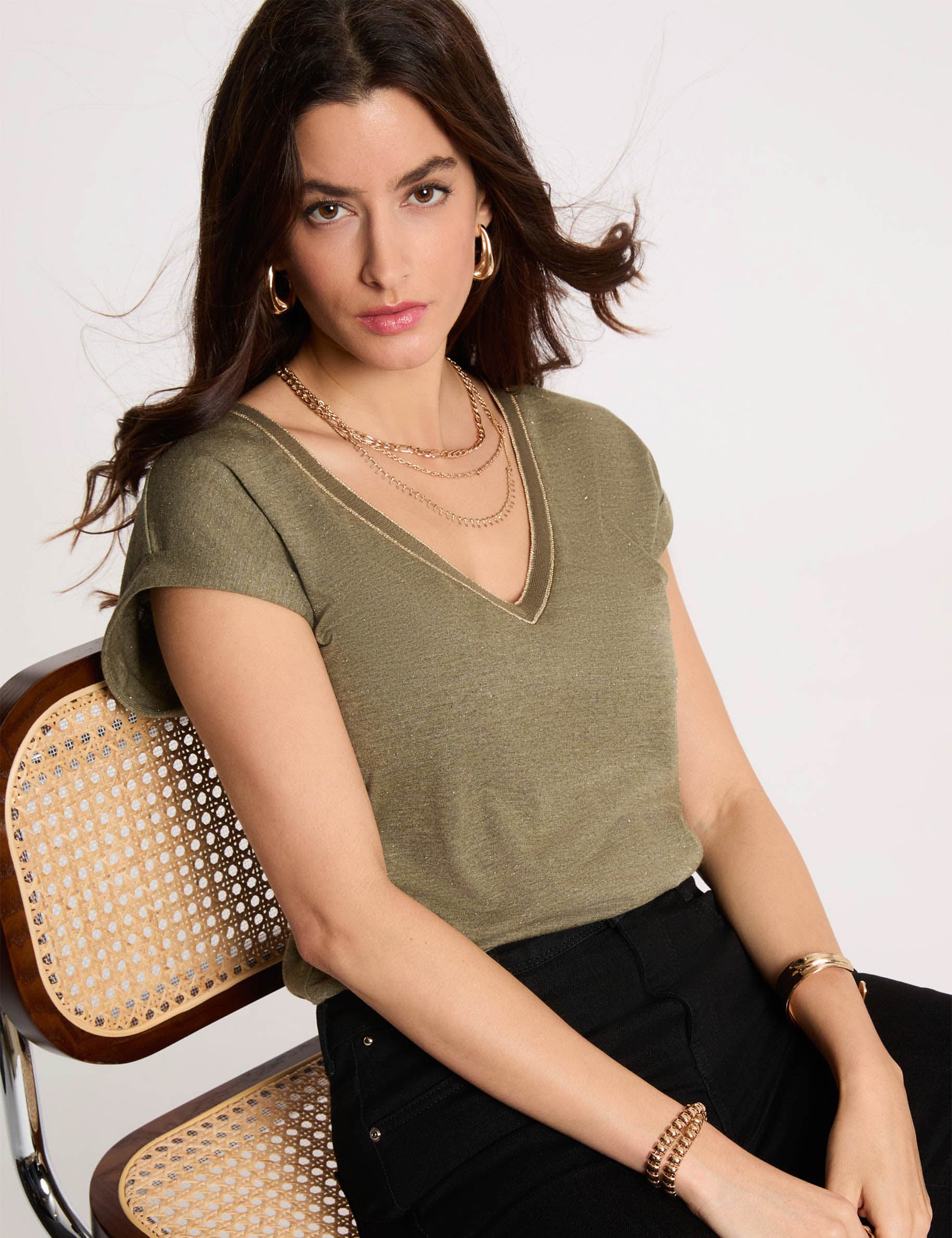 Camiseta de manga corta verde caqui mujer