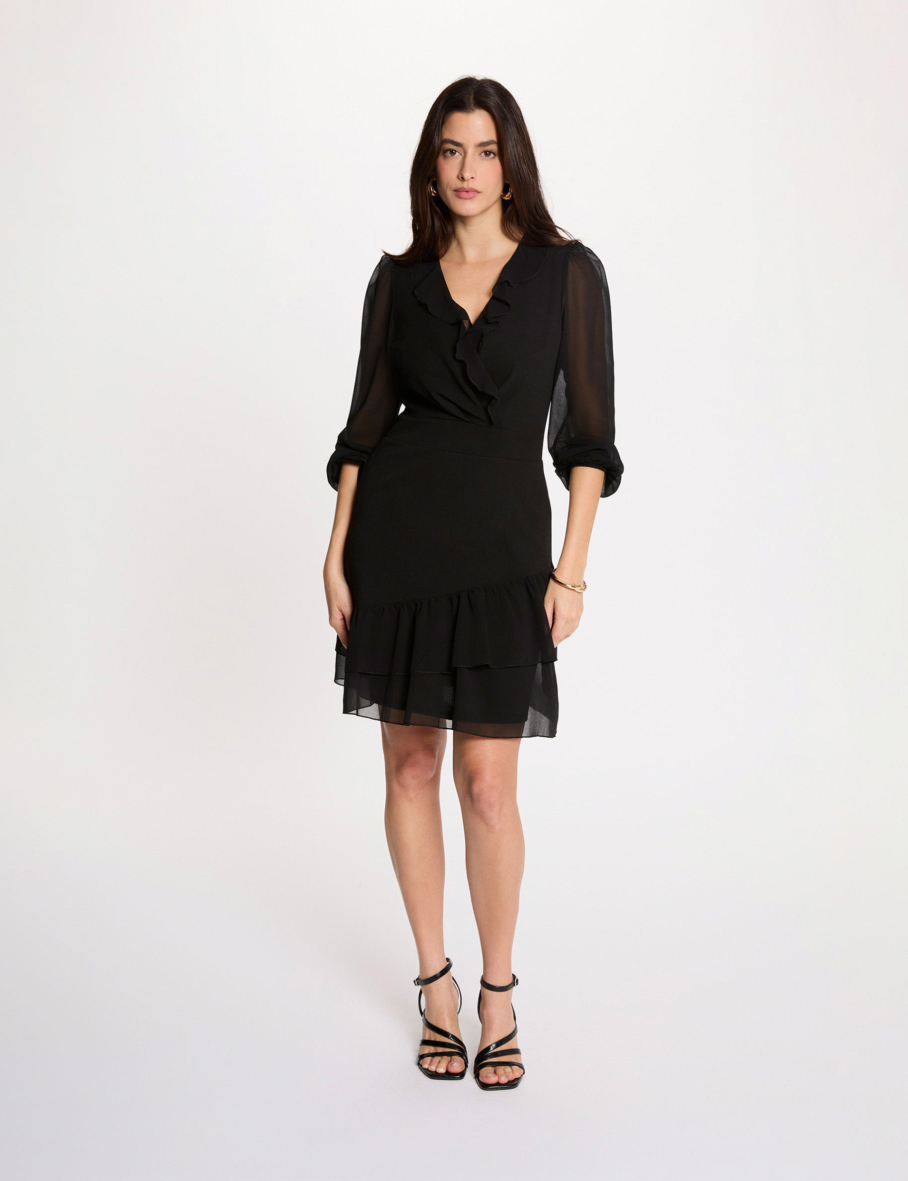 Vestido de gasa con cuello en v negro mujer