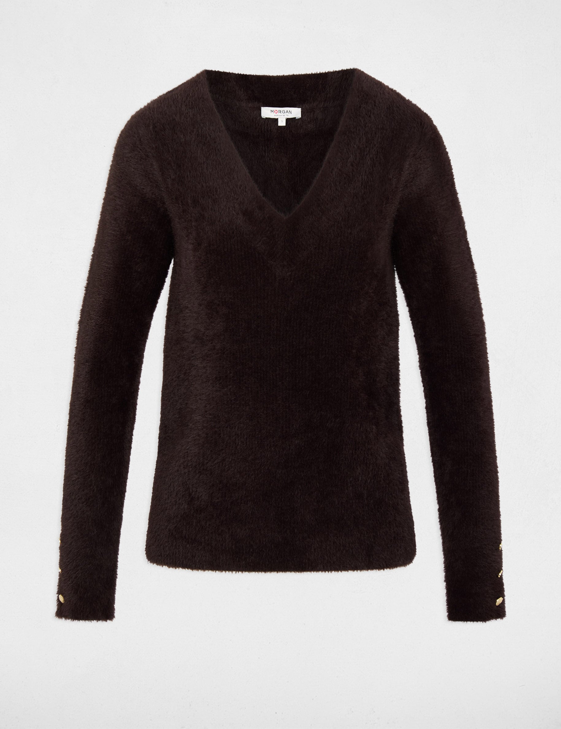 Jersey cuello v mangas largas marr&oacute;n oscuro mujer