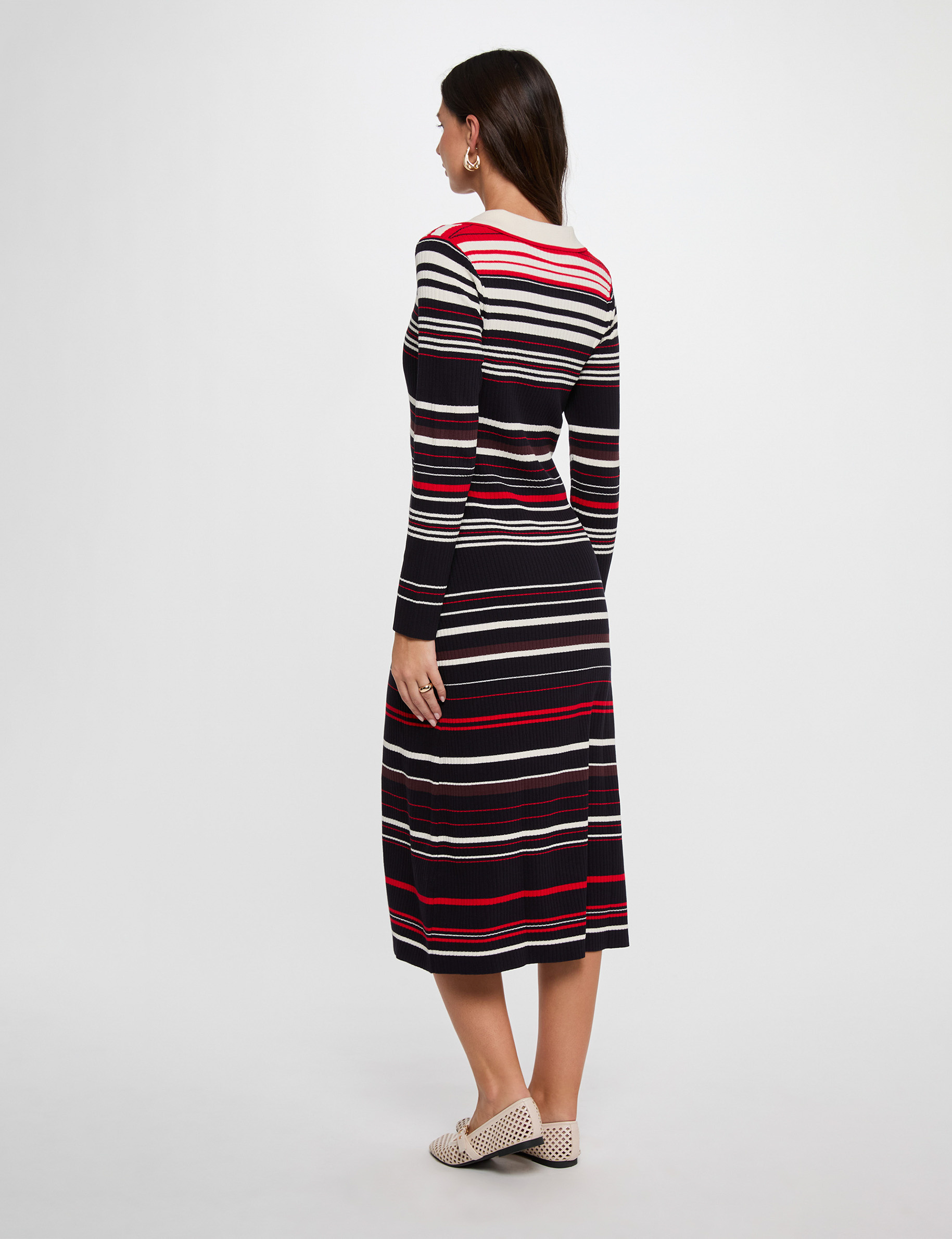 Vestido de punto rayado manga larga azul marino mujer
