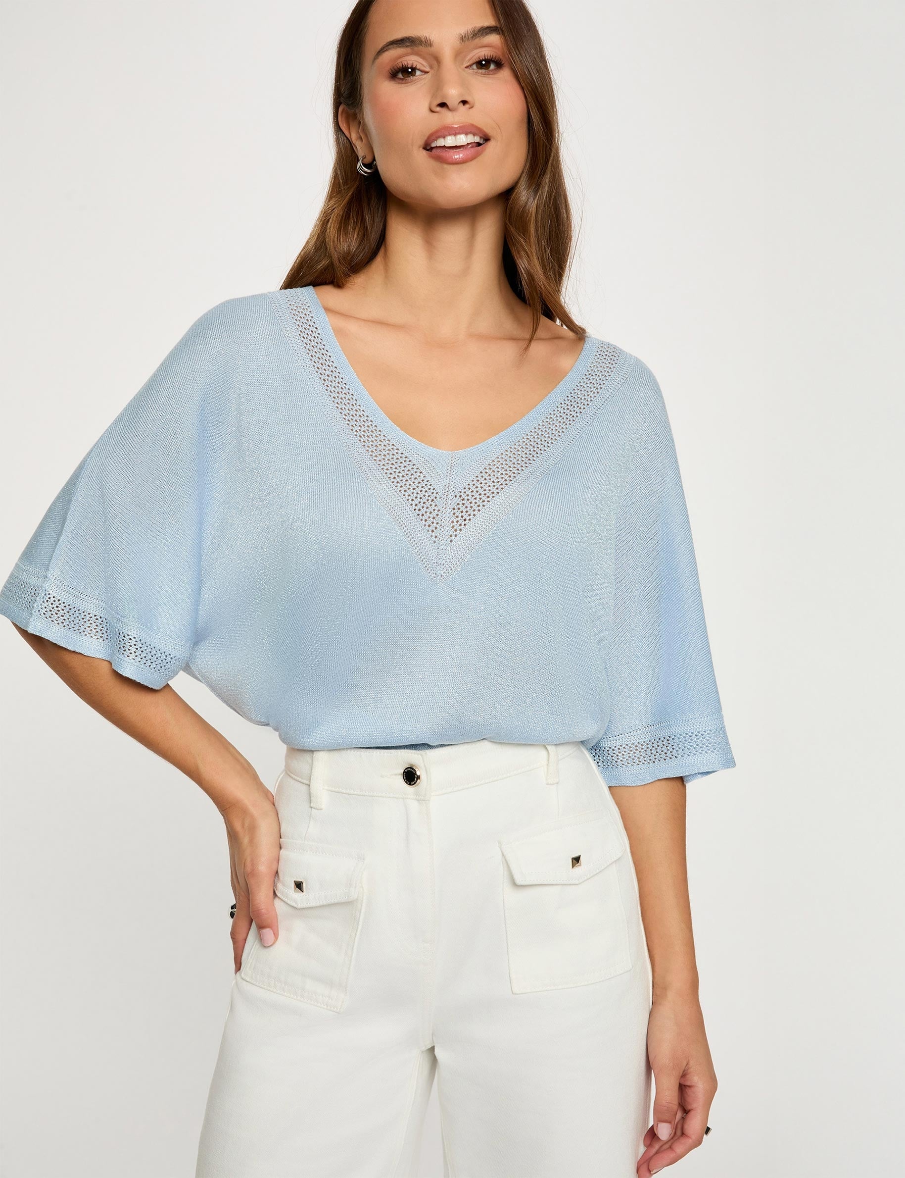 Jersey escote en V manga corta azul cielo mujer