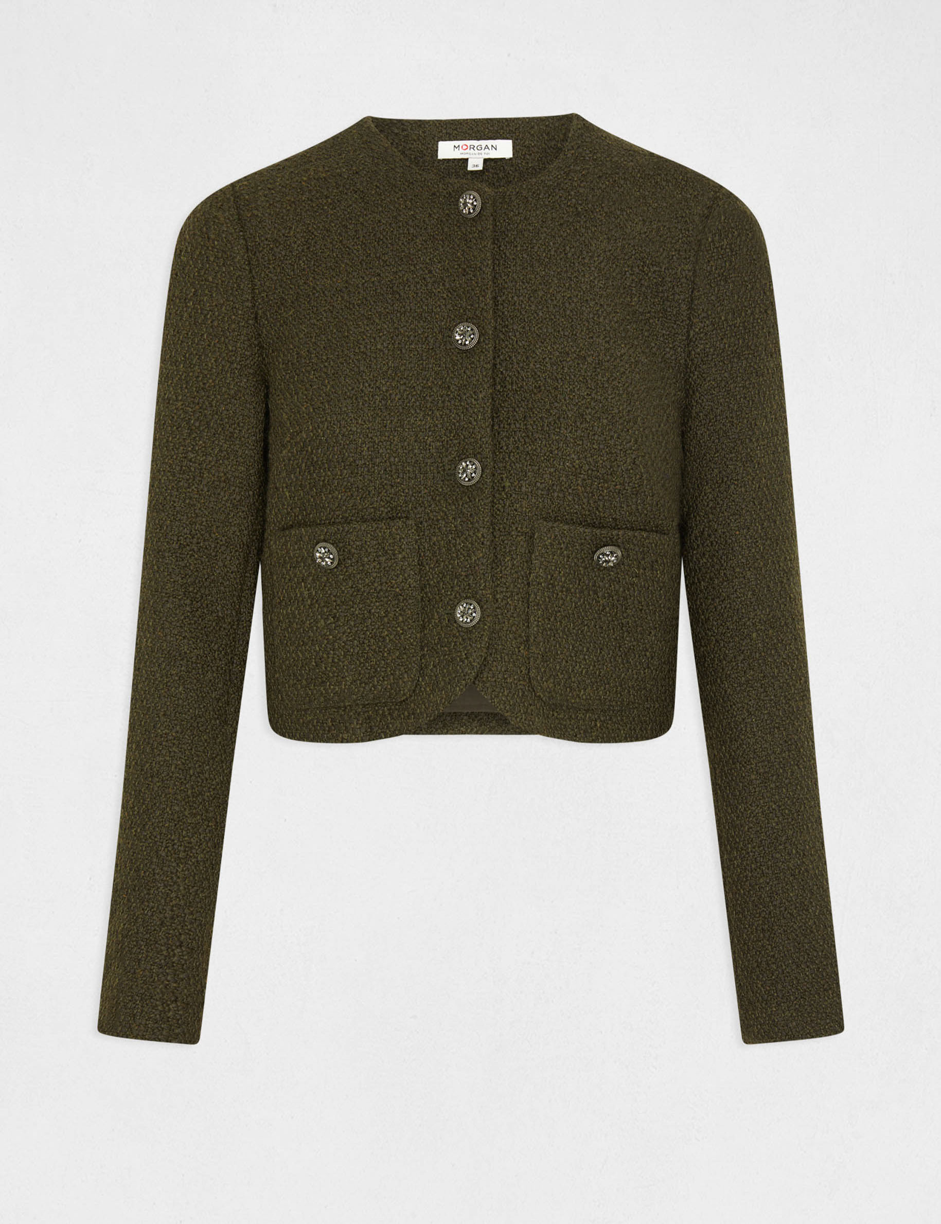 chaqueta recta abotonada cuello redondo verde oscuro mujer Chaqueta recta abotonada cuello redondo verde oscuro mujer
