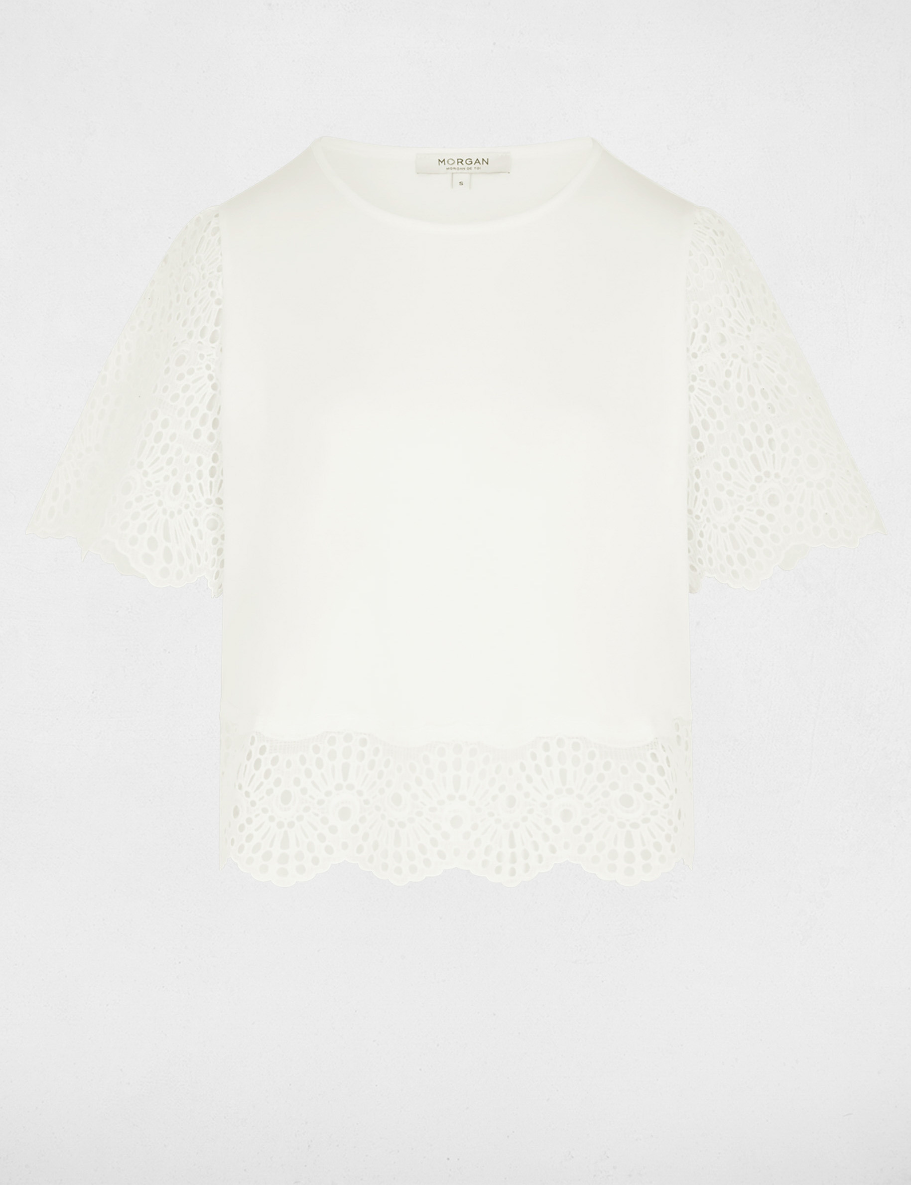 Camiseta de encaje con cuello redondo blanco mujer