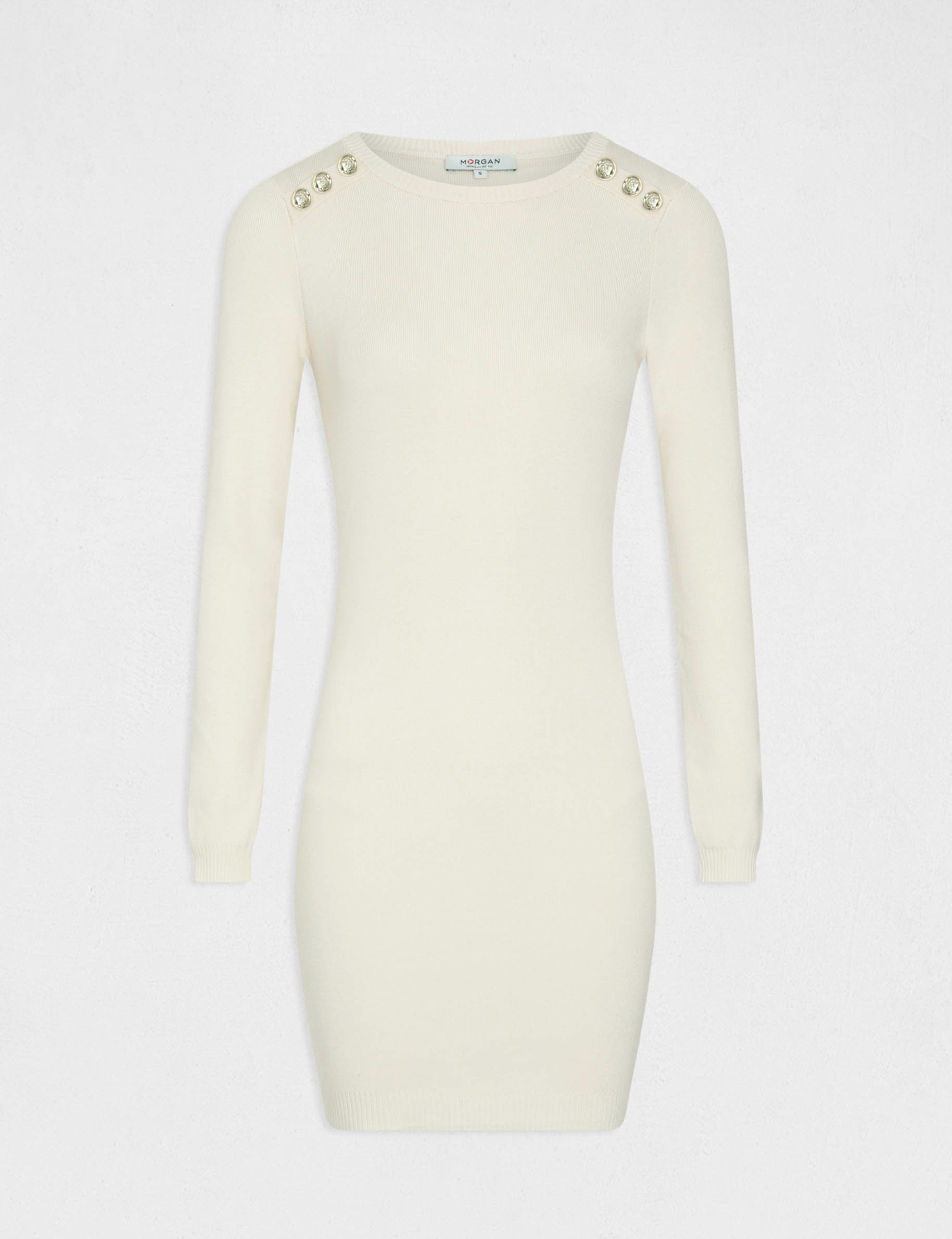 Vestido de punto ajustado manga larga marfil mujer