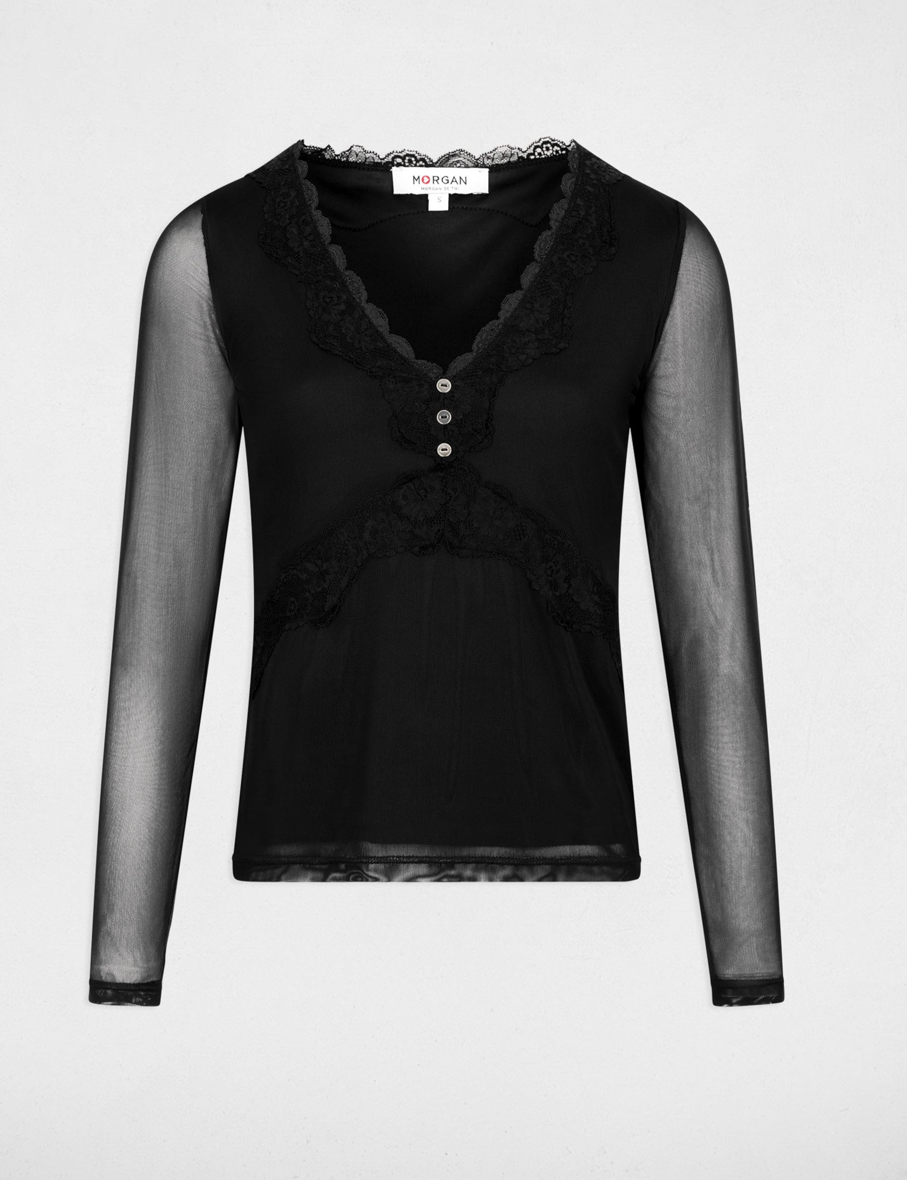 Top de encaje con cuello en v negro mujer