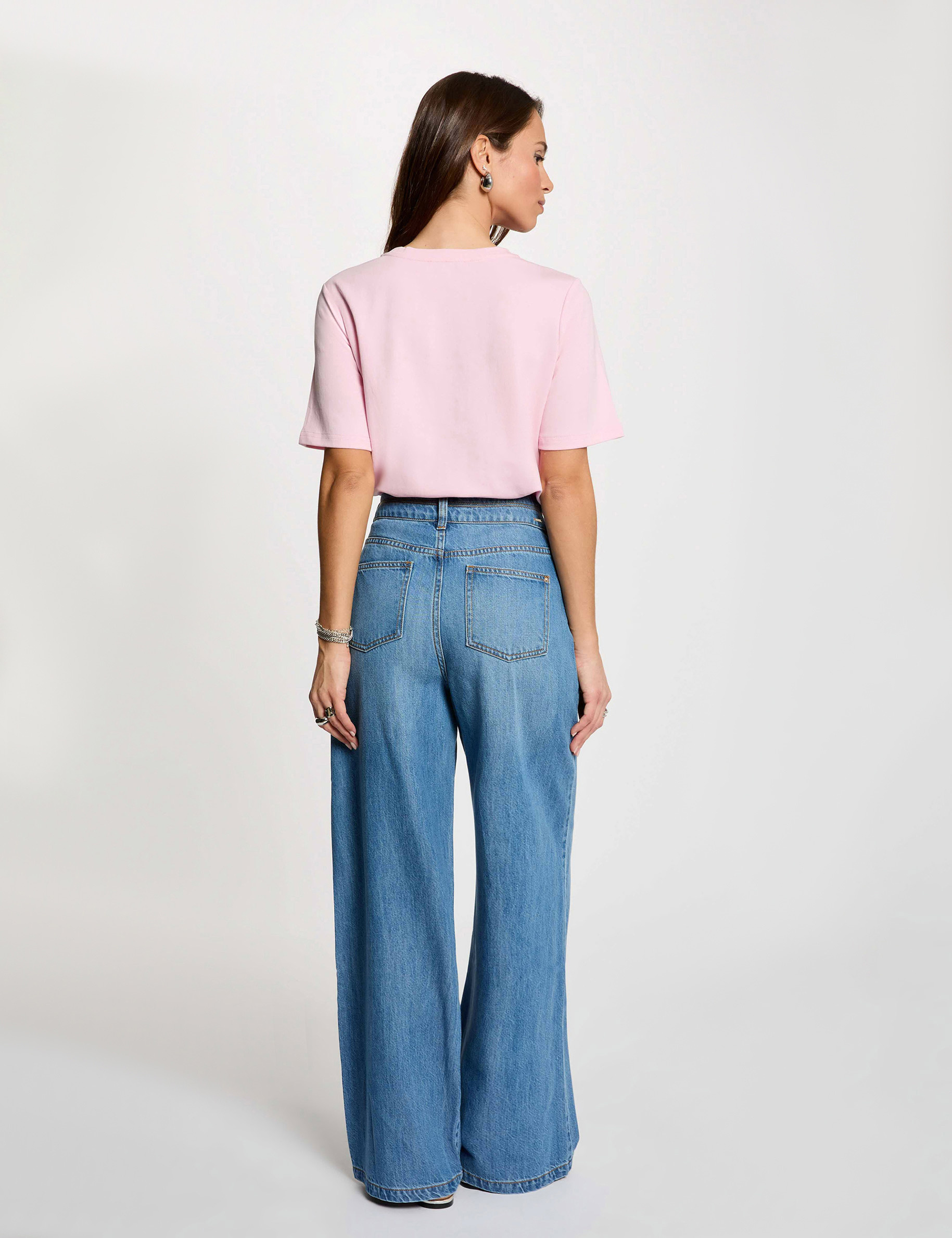 Pantal&oacute;n ancho de tiro alto denim stone mujer