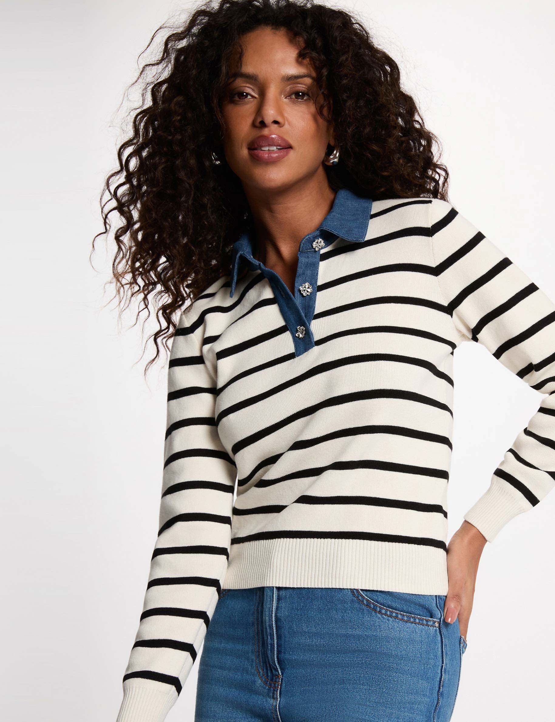 Jersey de rayas con cuello vuelto marfil mujer