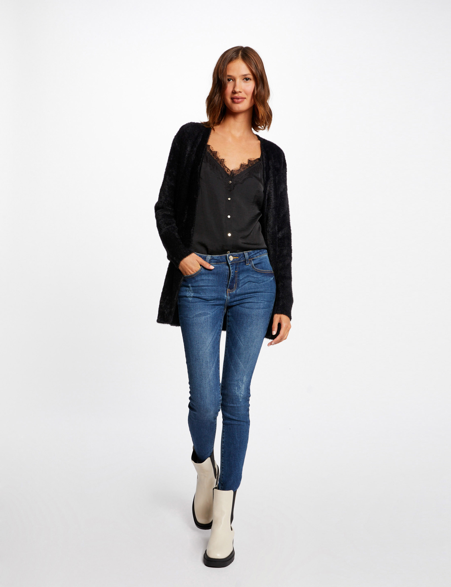 cardigan largo punto aterciopelado negro mujer Cárdigan largo punto aterciopelado negro mujer
