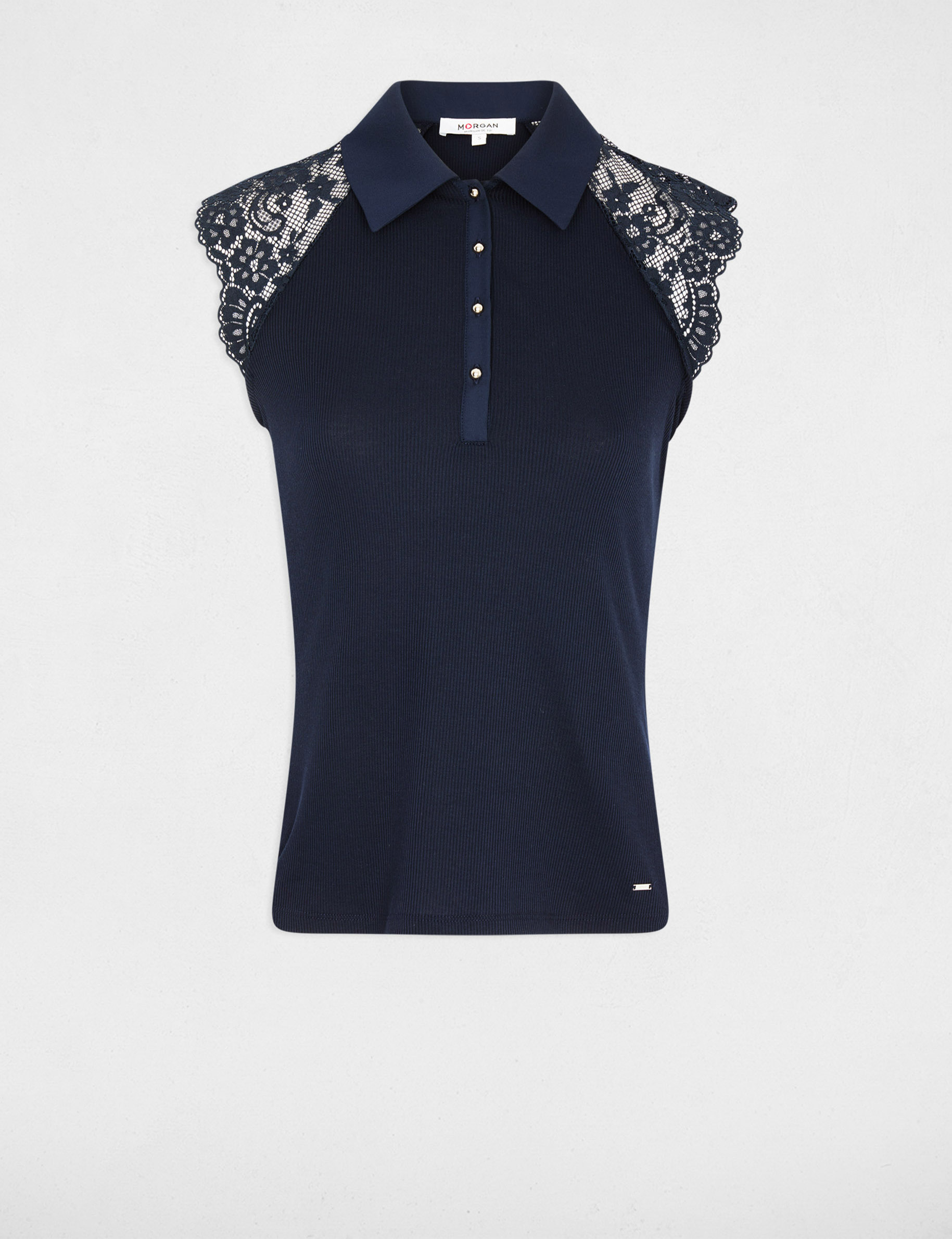 Camiseta encaje cuello solapa azul marino mujer