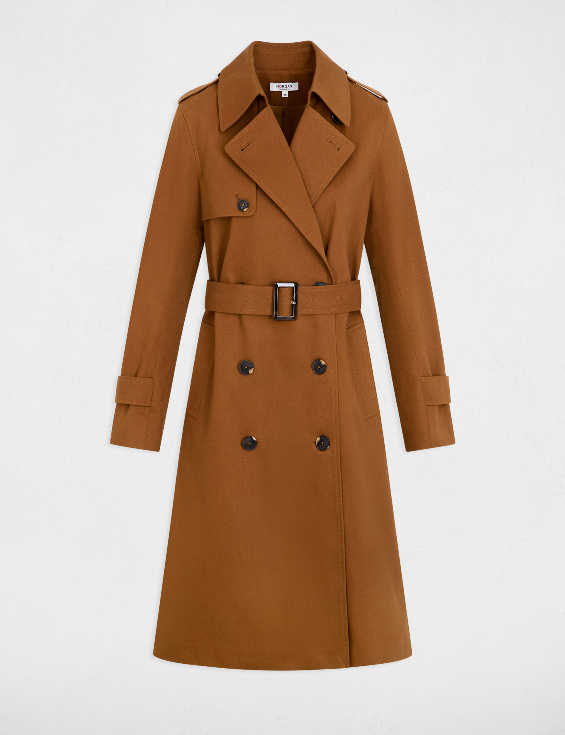 Trench largo con cuello sastre marr&oacute;n co&ntilde;ac mujer