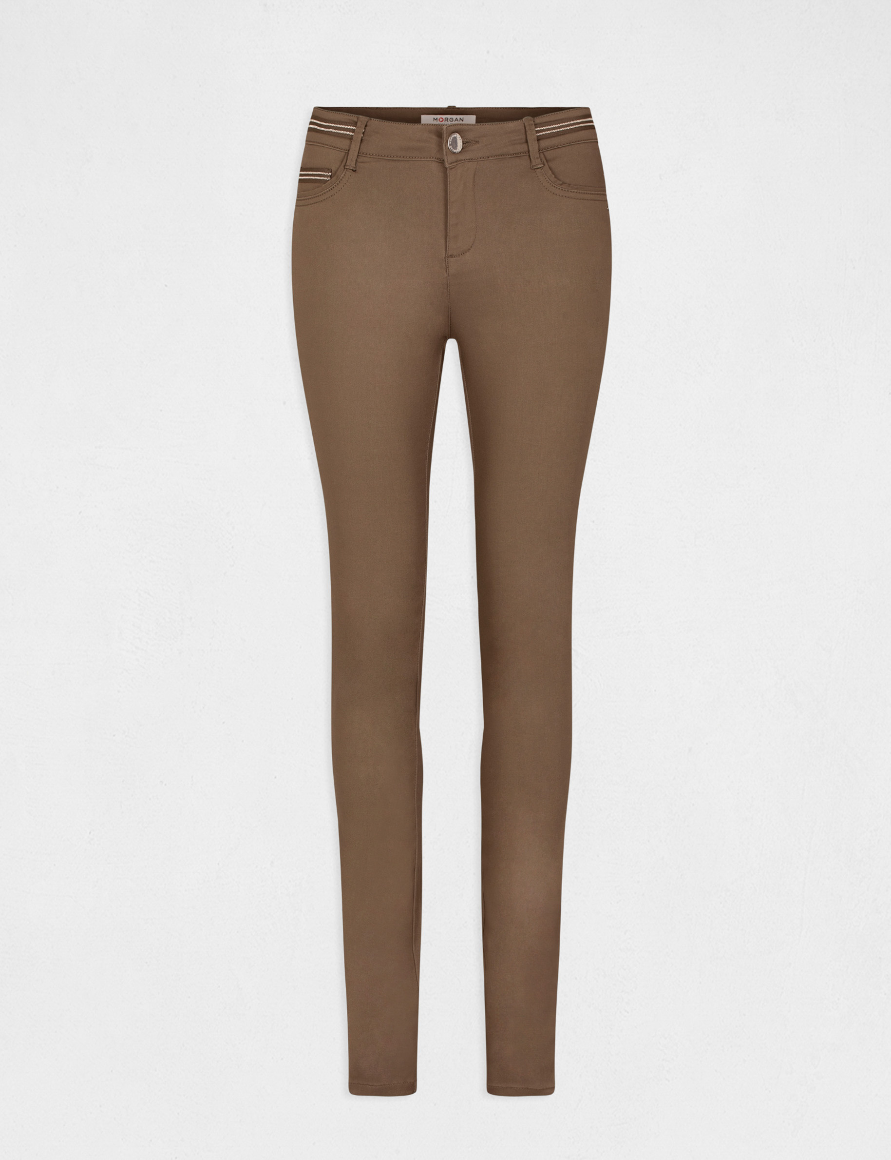 Pantal&oacute;n slim efecto mojado verde caqui mujer